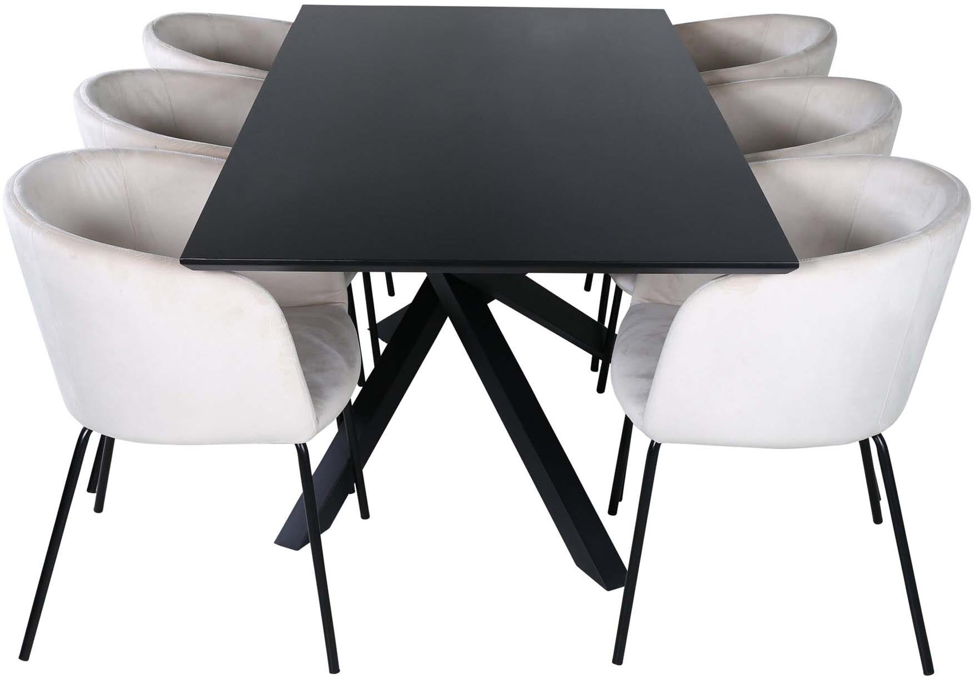 Elegantes Esszimmerset Piazza + Berit 180cm: Luxuriöser Tisch mit stabilen Eisenbeinen und bequemen Stühlen für einladende Esszimmeratmosphäre.