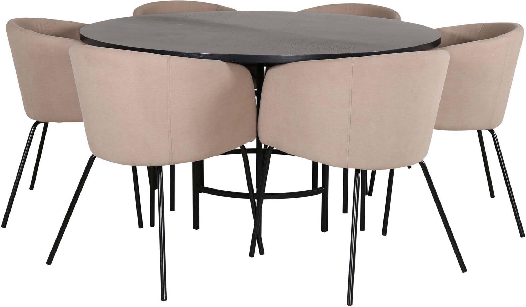 Entdecken Sie das Esszimmerset Copenhagen + Berit von Venture Home: moderner runder Esstisch ⌀140cm und 6 stilvolle Stühle für Ihr Zuhause.