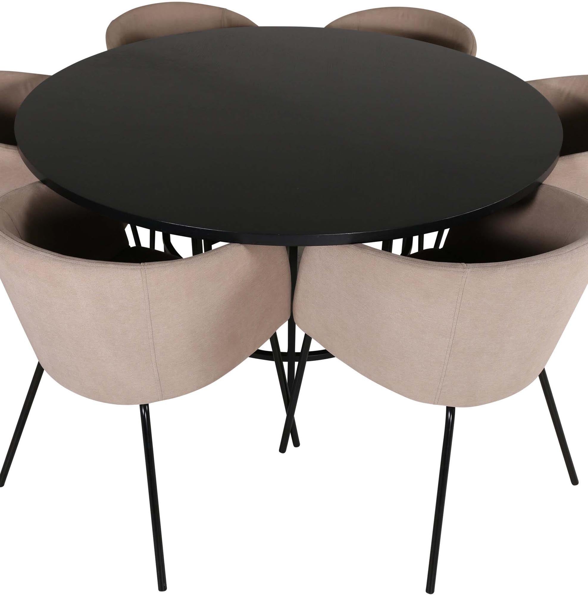 Modernes Esszimmerset Copenhagen + Berit mit rundem Tisch und bequemen Stühlen für gesellige Abende. Ideal für stilvolles Wohnen.