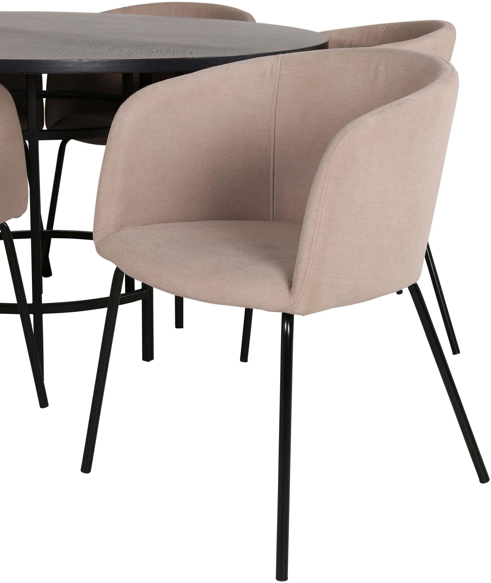 Modernes Esszimmerset Copenhagen + Berit mit rundem Tisch und bequemen Stühlen für gesellige Momente und stilvolles Wohnen.