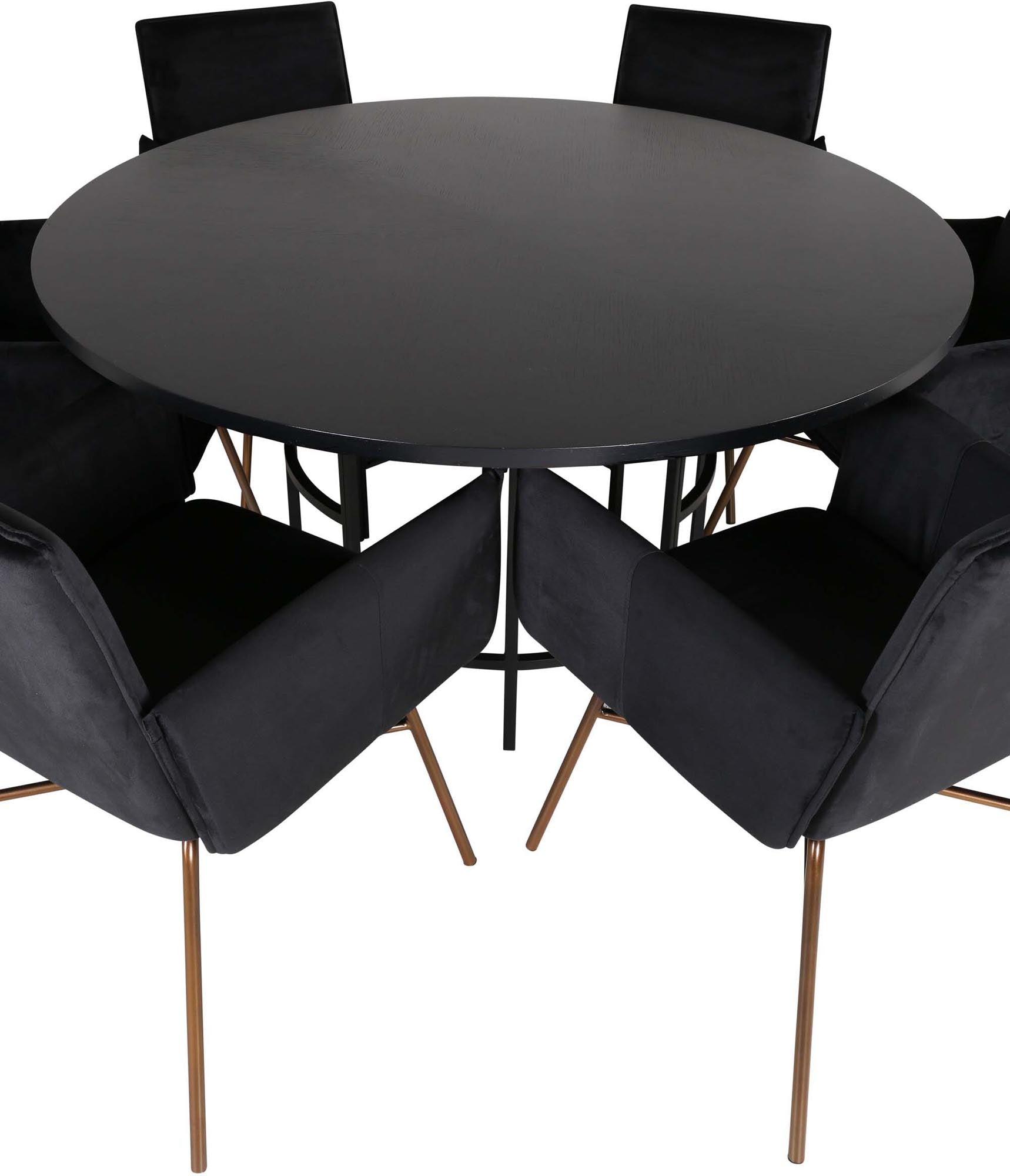 Stilvolles Esszimmerset für 6 Personen, runder Tisch mit schwarzer MDF-Platte und Samtstühlen. Ideal für festliche Anlässe und gemütliche Mahlzeiten.