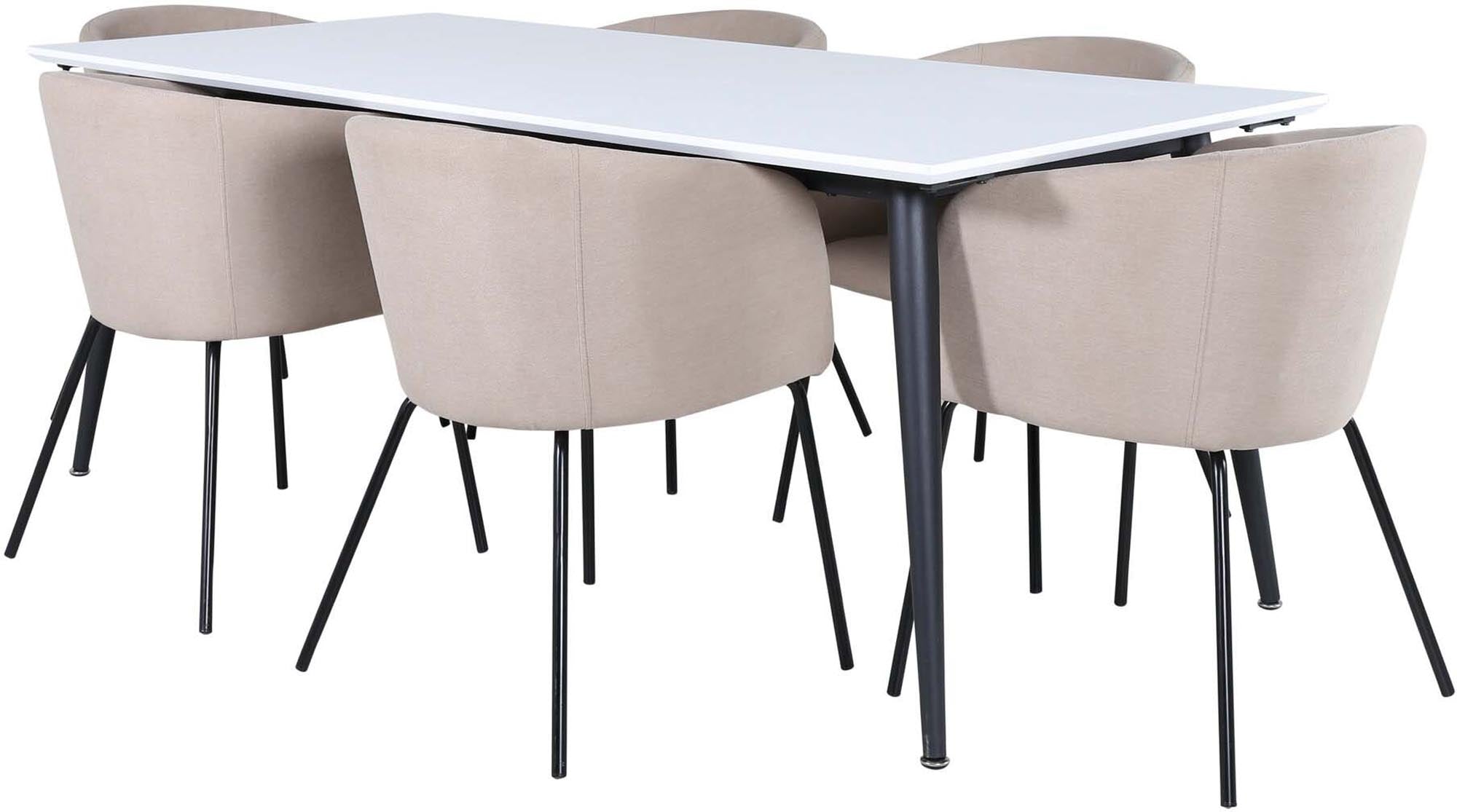 Entdecken Sie das stilvolle Jimmy Esszimmerset + Berit von Venture Home. Elegante Stühle und ein flexibler Tisch für jeden Anlass.