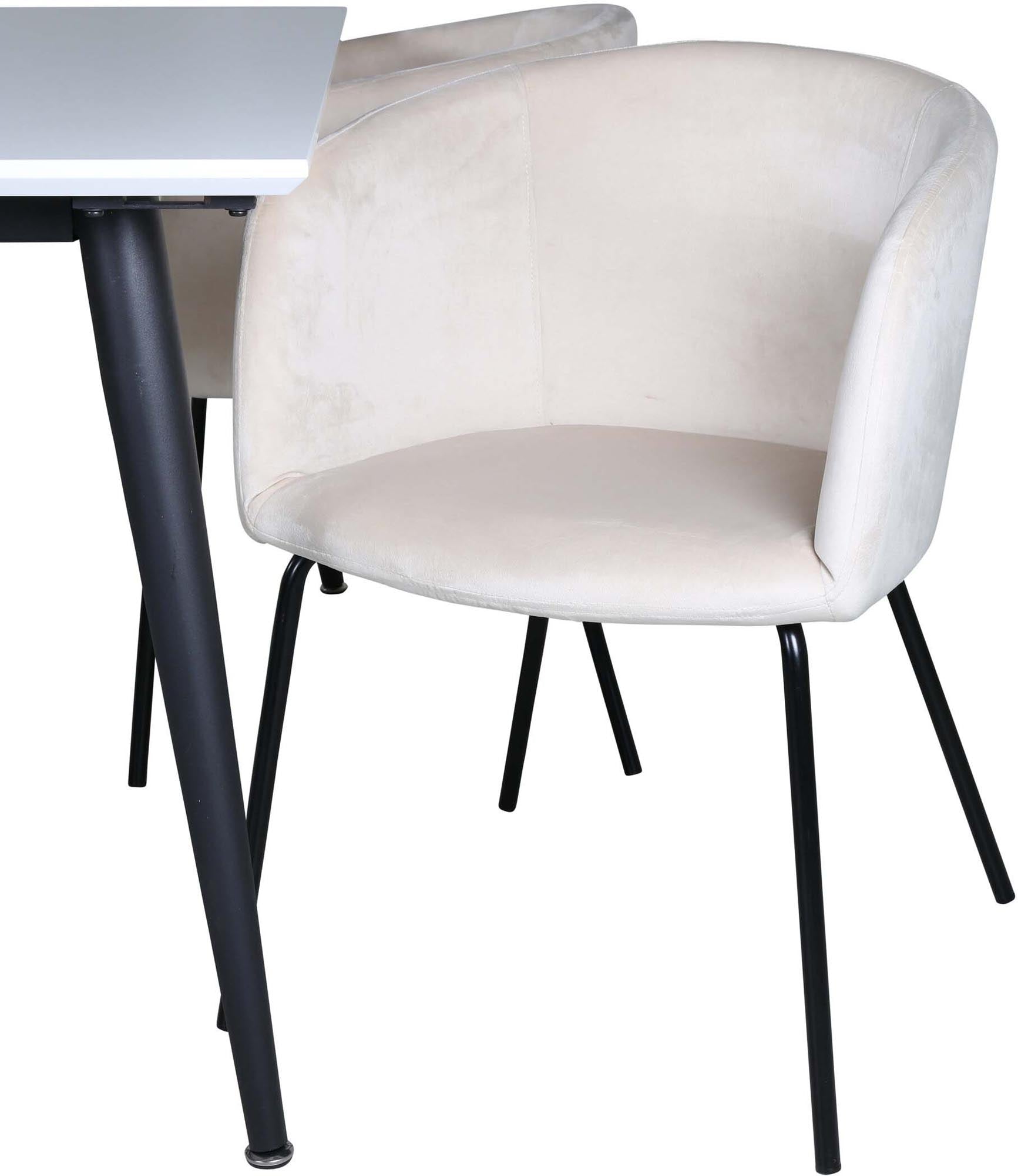 Stilvolles Esszimmerset Jimmy + Berit mit 4 bequemen Samt-Stühlen. Perfekt für gesellige Runden und zeitloses Design in jedem Zuhause.