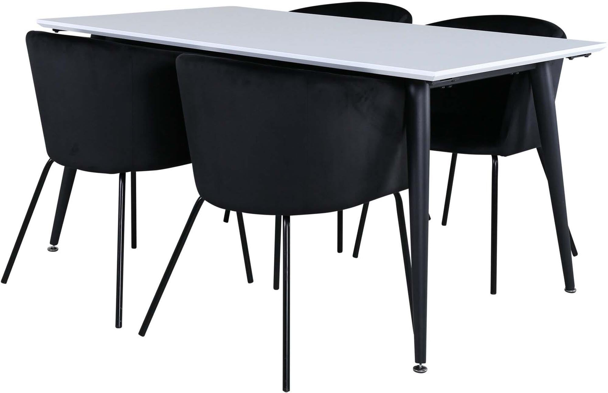 Elegantes Esszimmerset Jimmy + Berit mit 4 luxuriösen Stühlen aus Samt. Ideal für gesellige Abende und modernes Wohnen.