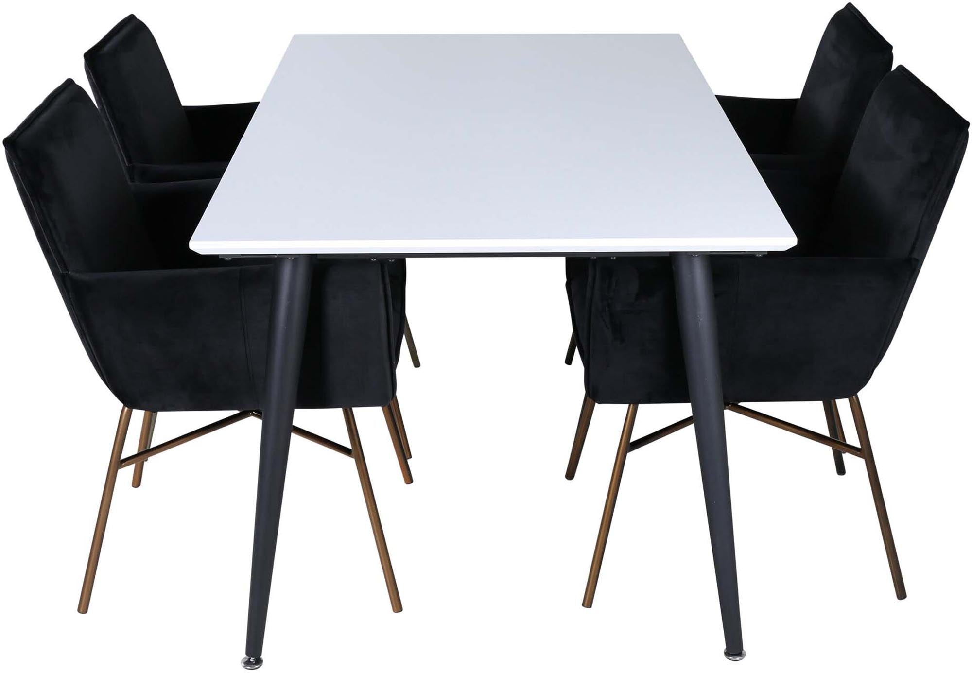 Stilvolles Esszimmerset Jimmy mit flexiblem Petra Tisch (150-240 cm) und edlen Samtstühlen für ein modernes und einladendes Ambiente.