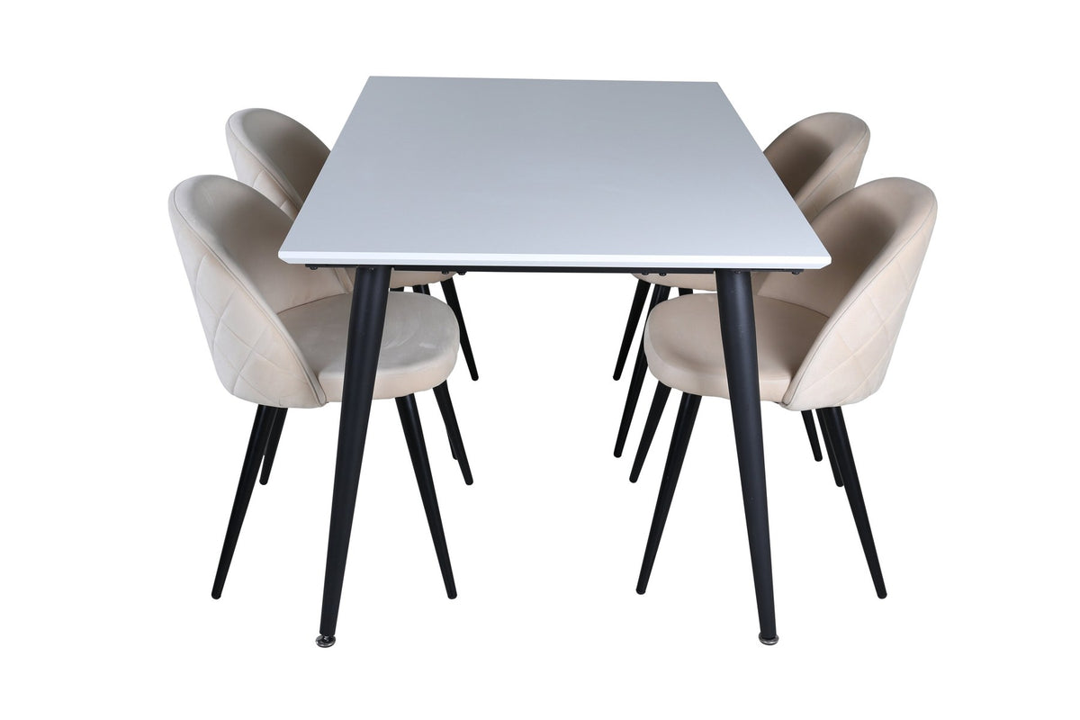 Esszimmerset Jimmy mit weisser HPL-Tischplatte, schwarzen Metallbeinen und vier Velvet Stühlen mit beigem Samtbezug und Ziernaht.