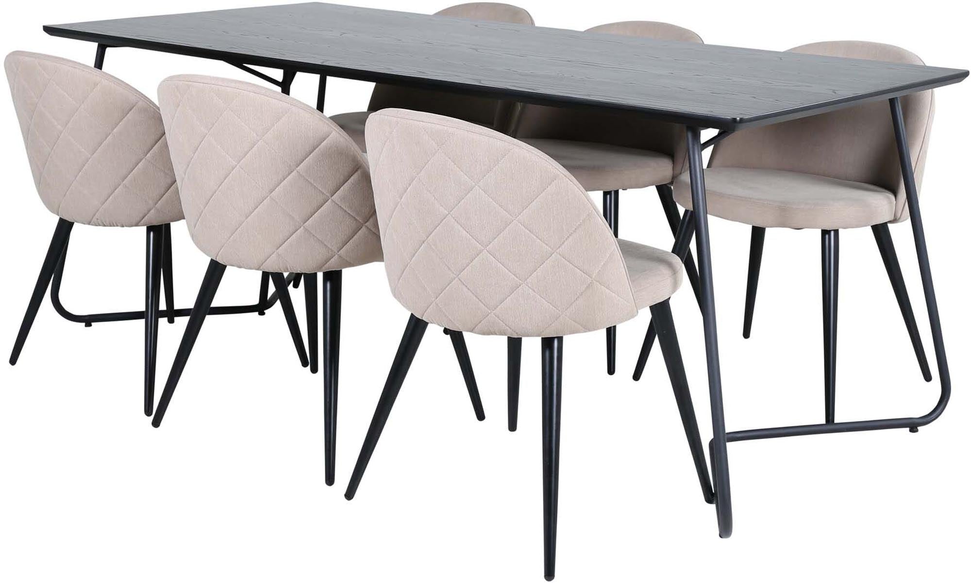 Entdecken Sie das stilvolle Petra Esszimmerset von Venture Home mit 190 cm Esstisch und 6 eleganten Velvet Stitches-Stühlen für Ihr Esszimmer.