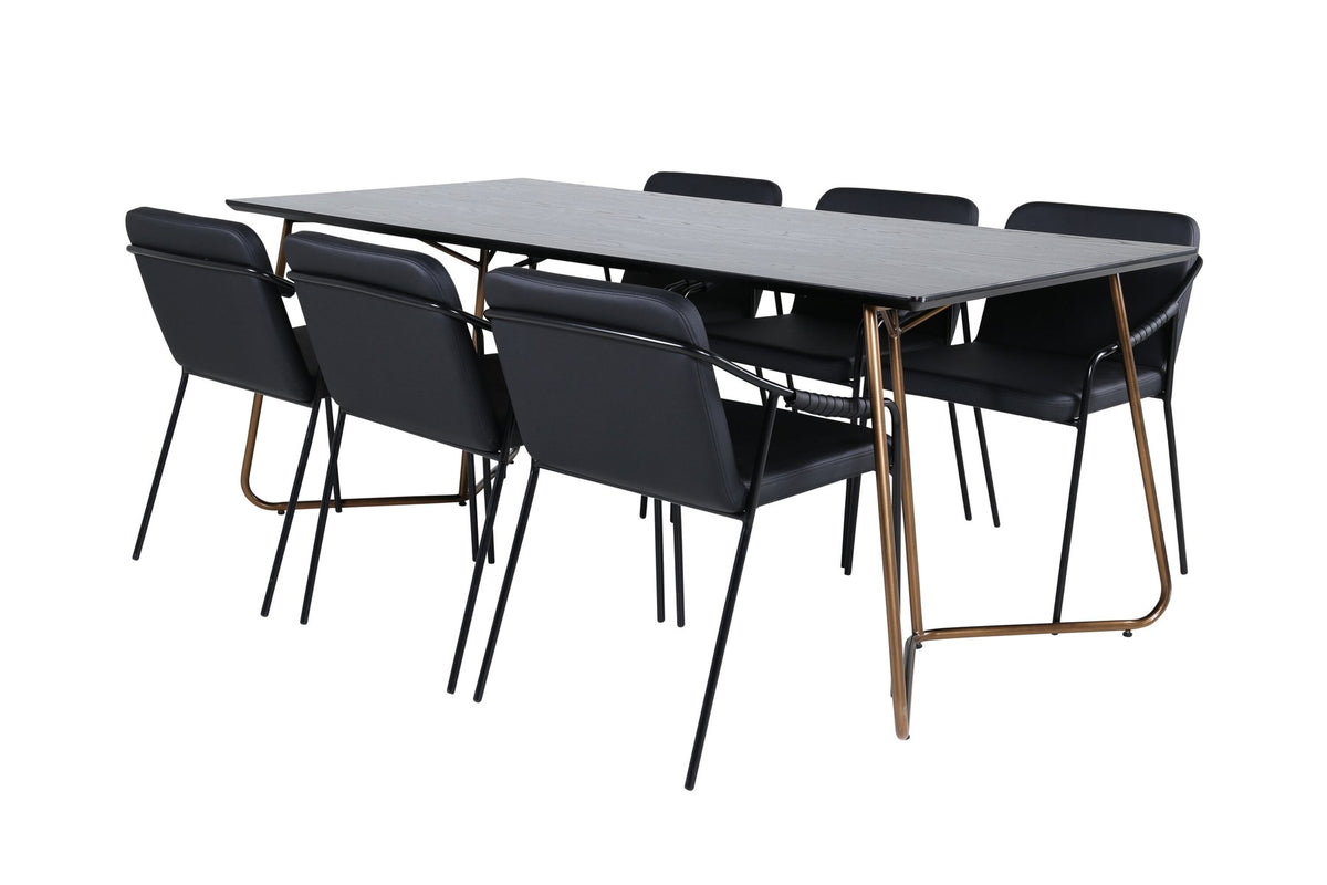 Esszimmerset Petra + Tvist von Venture Home: schwarzer Tisch aus MDF mit Furnier und sechs Stühle mit Kunstleder-Sitzfläche und Eisenbeinen.