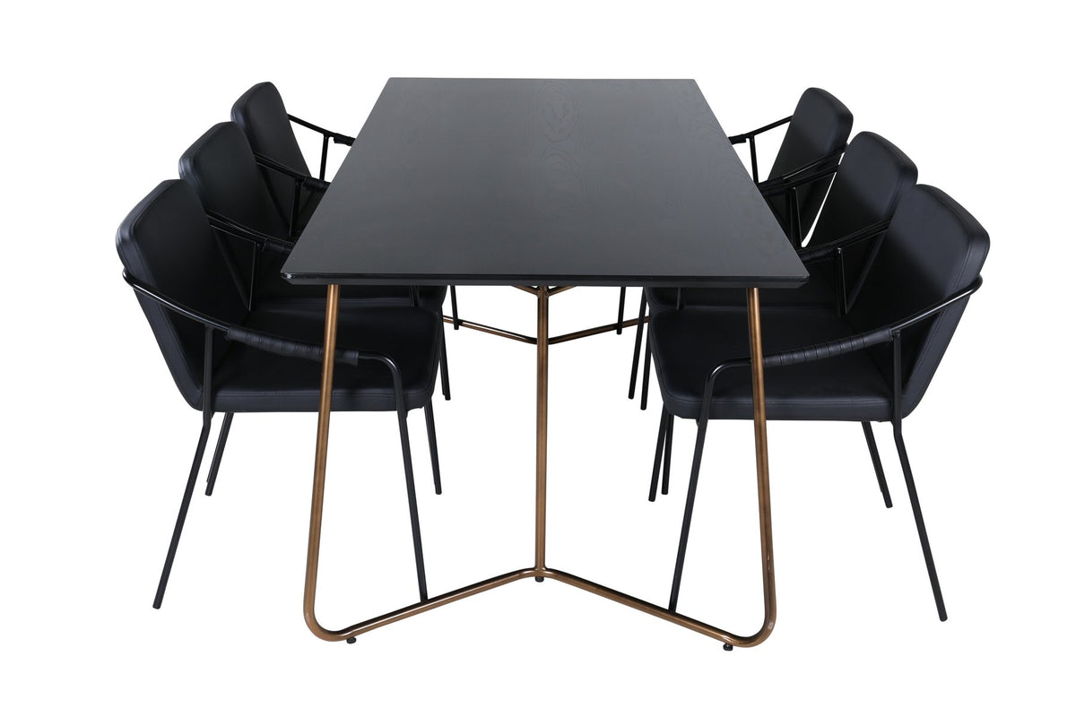 Esszimmerset Petra + Tvist von Venture Home: schwarzer Tisch aus MDF mit Furnier und sechs Stühle mit Kunstleder-Sitzfläche und Eisenbeinen.