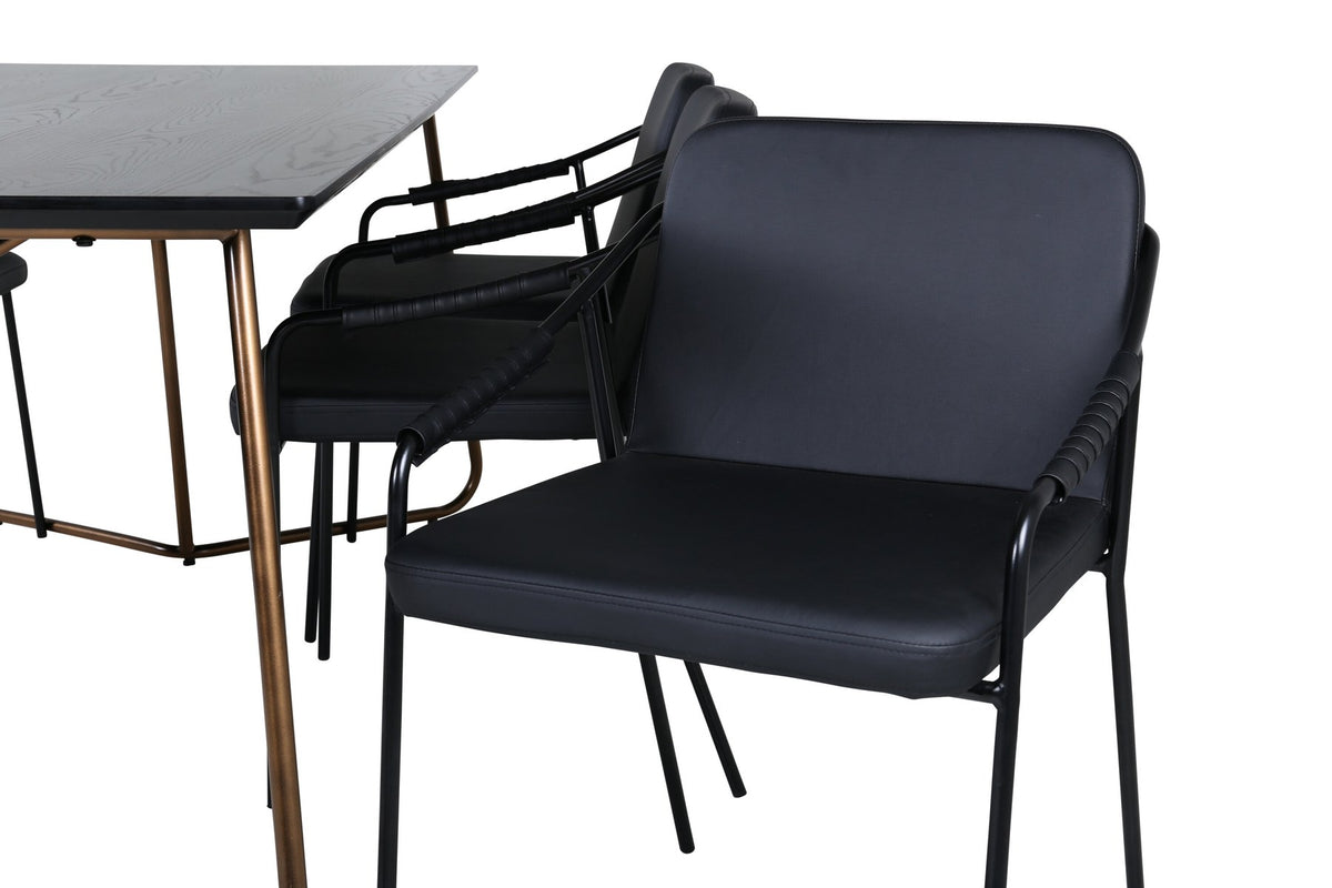 Esszimmerset Petra + Tvist von Venture Home: schwarzer Tisch aus MDF mit Furnier und sechs Stühle mit Kunstleder-Sitzfläche und Eisenbeinen.