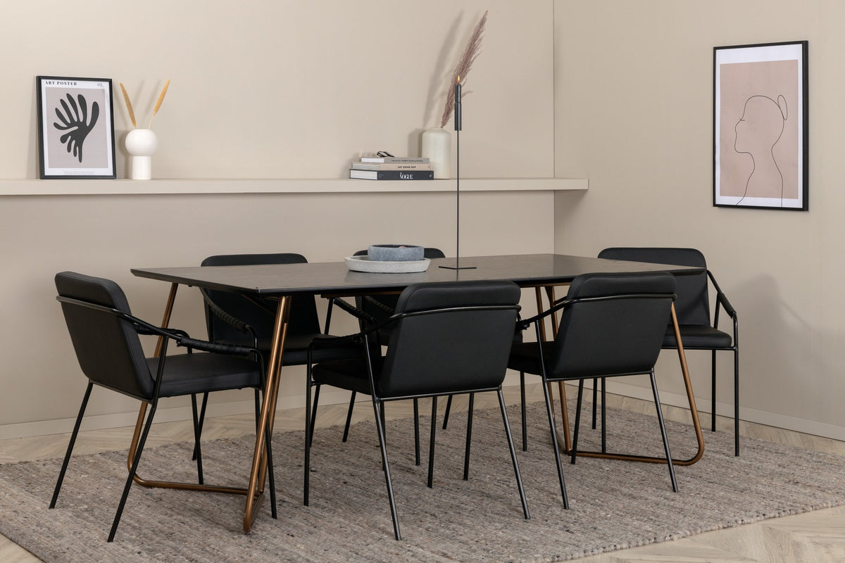 Esszimmerset Petra + Tvist von Venture Home: schwarzer Tisch aus MDF mit Furnier und sechs Stühle mit Kunstleder-Sitzfläche und Eisenbeinen.