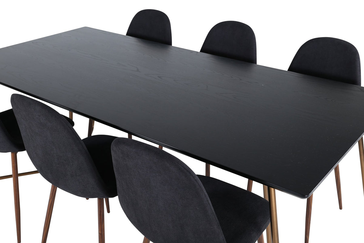 Esszimmerset Petra + Polar: schwarzer Tisch mit MDF-Furnierplatte auf Stahlbeinen, sechs Stühle mit Samt-Sitzkissen und Bugholzbeinen.