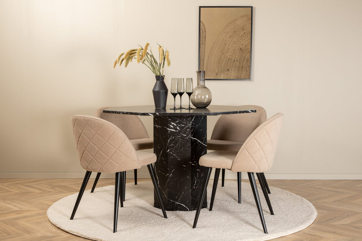 Rundes Esszimmerset Marbs mit vier Velvet Stühlen: Tisch aus schwarzem Marmorglas und MDF, Stühle mit beigem Polyester-Leinen-Bezug.