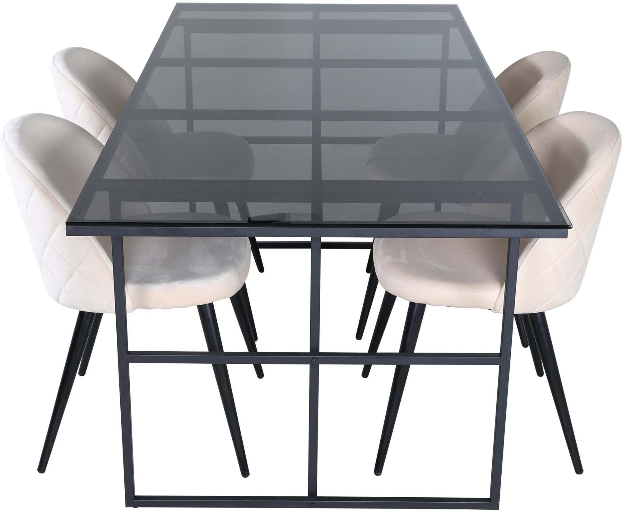 Elegantes Leif Esszimmerset: 200 cm Esstisch mit 4 stilvollen Velvet-Stühlen für höchsten Komfort und modernes Design.