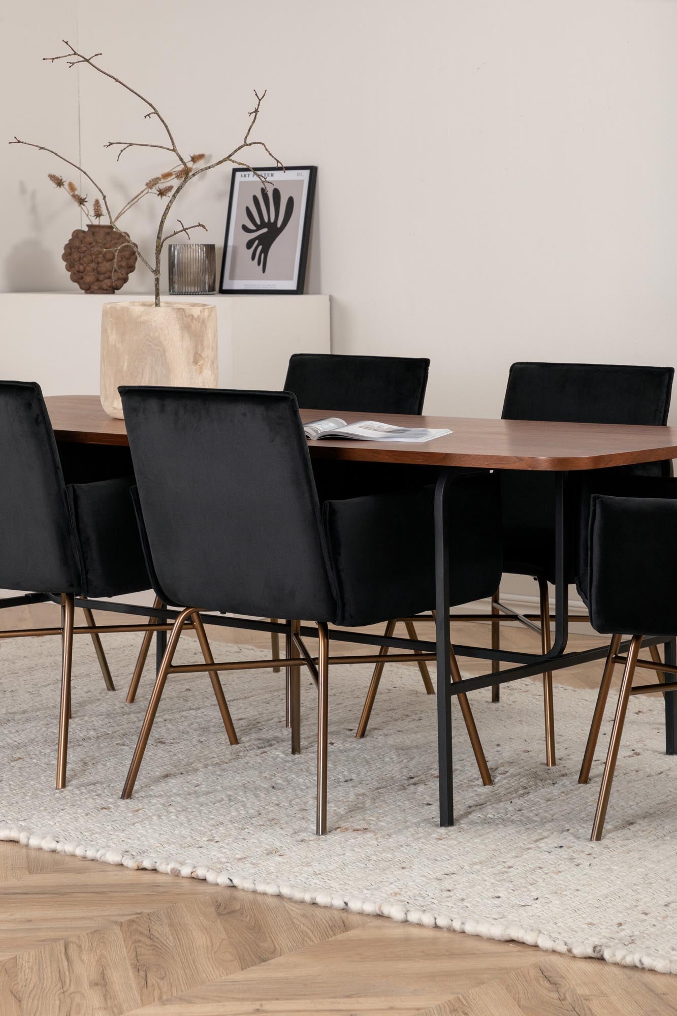 Elegantes Esszimmerset Uno mit 200 cm Tisch in Walnussfarbe und 6 bequemen Petra-Stühlen aus schwarzem Samt für stilvolle Esszimmer.