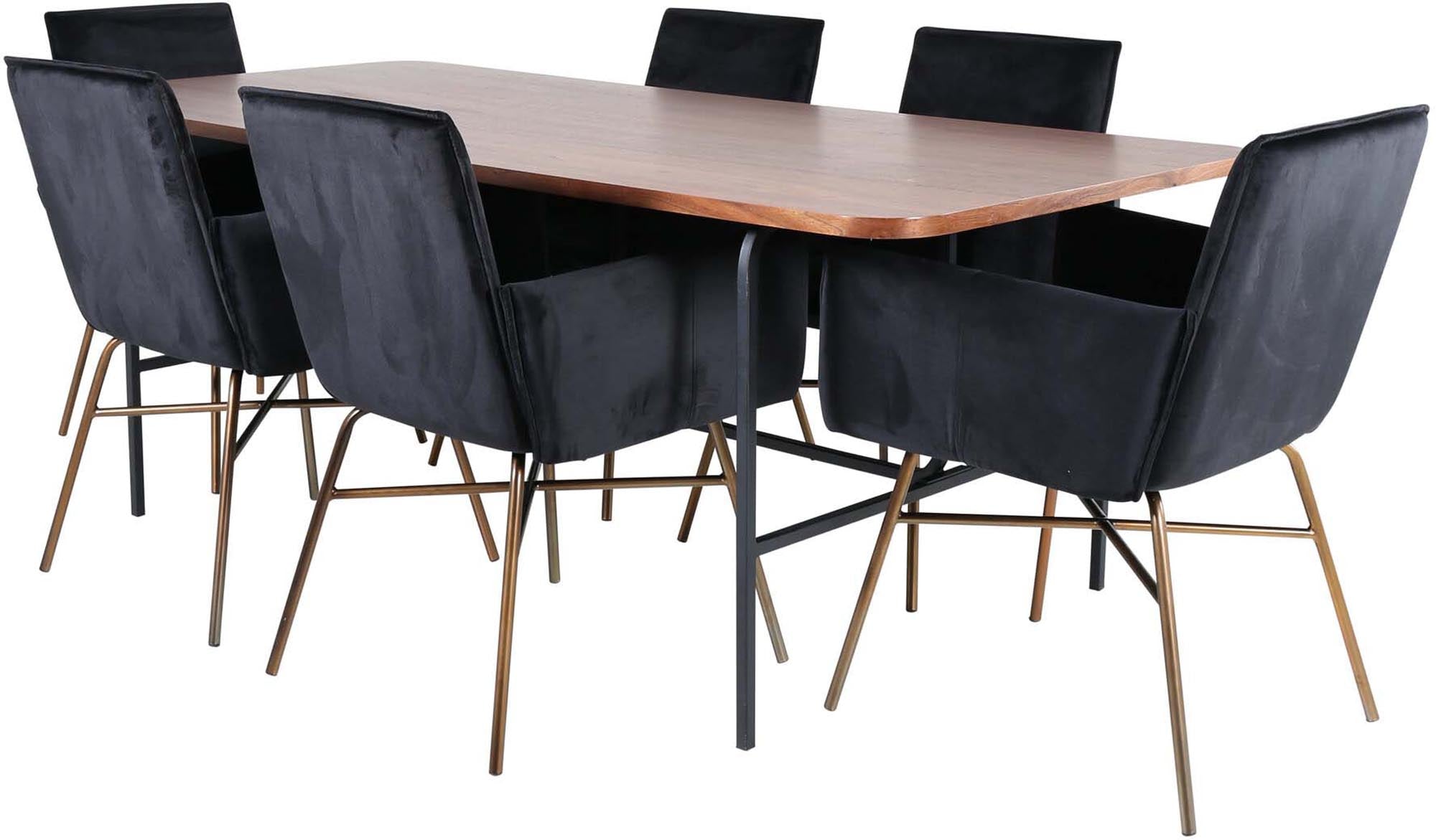 Elegantes Uno Esszimmerset mit 200cm Tisch in Walnussoptik und 6 bequemen Petra Stühlen in schwarzem Samt.