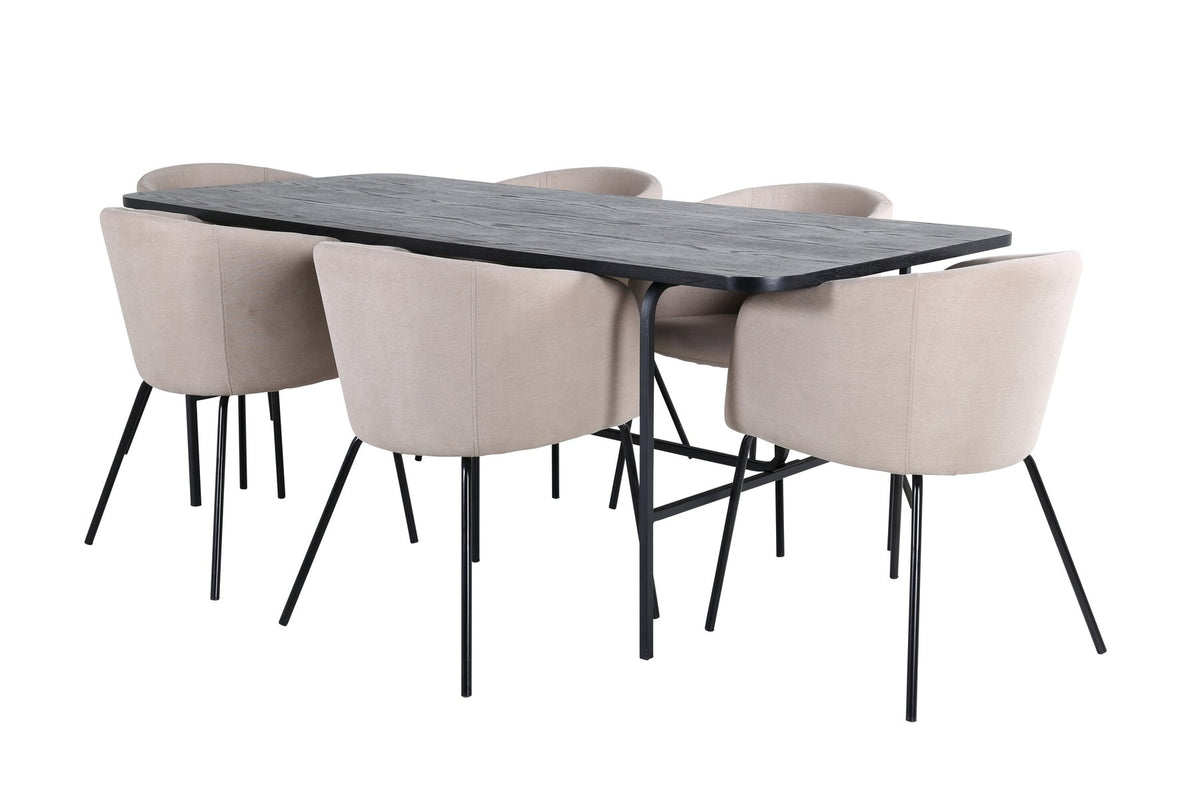 Esszimmerset Uno mit schwarzer MDF-Tischplatte und Metallgestell, kombiniert mit sechs Berit-Stühlen in Beige mit schwarzen Eisenbeinen.