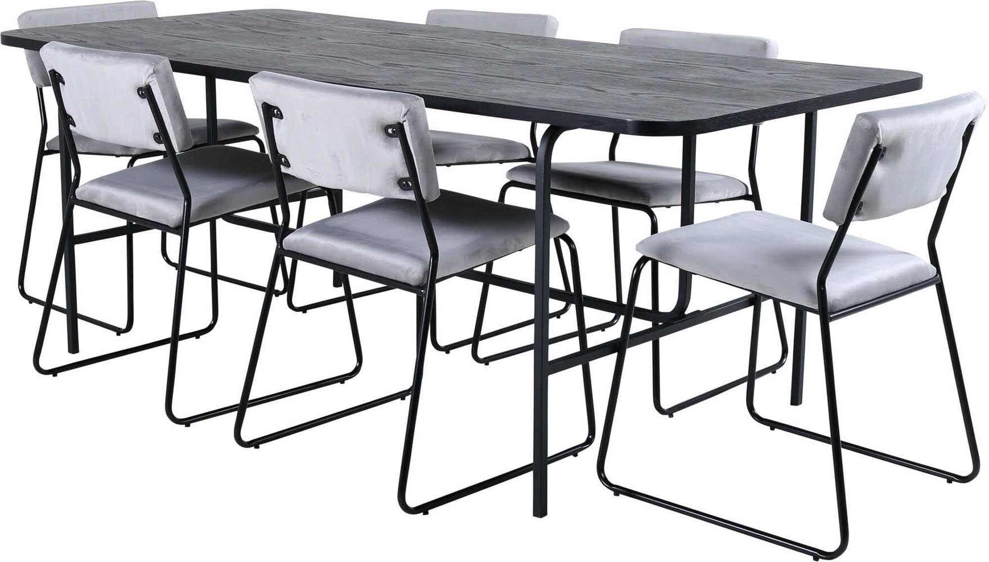 Modernes Uno Esszimmerset mit Kenth-Stühlen: Eleganter 200cm Tisch, schwarzes MDF, grauer Samt, ideal für stilvolle Mahlzeiten.