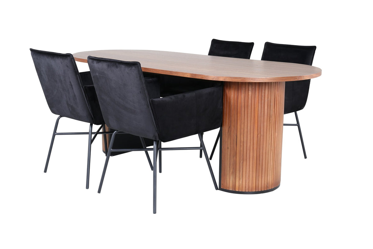 Ovaler Esstisch aus MDF mit Nussbaum-Furnier, 200x90 cm, kombiniert mit vier schwarzen Esszimmerstühlen mit pulverbeschichteter Oberfläche.