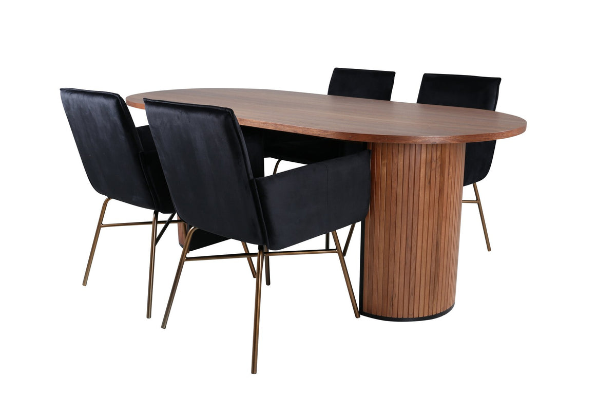 Ovaler Esstisch aus MDF mit Nussbaum-Furnier, 200x90 cm, kombiniert mit vier schwarzen Esszimmerstühlen mit pulverbeschichteter Oberfläche.