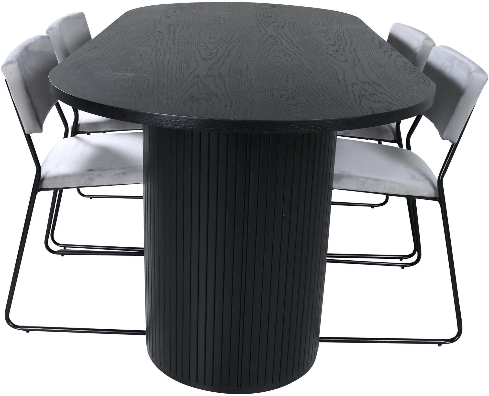 Modernes Bianca Esszimmerset mit 200 cm ovalem Tisch und 4 eleganten Samtstühlen. Ideal für stilvolle Essbereiche und gesellige Runden.