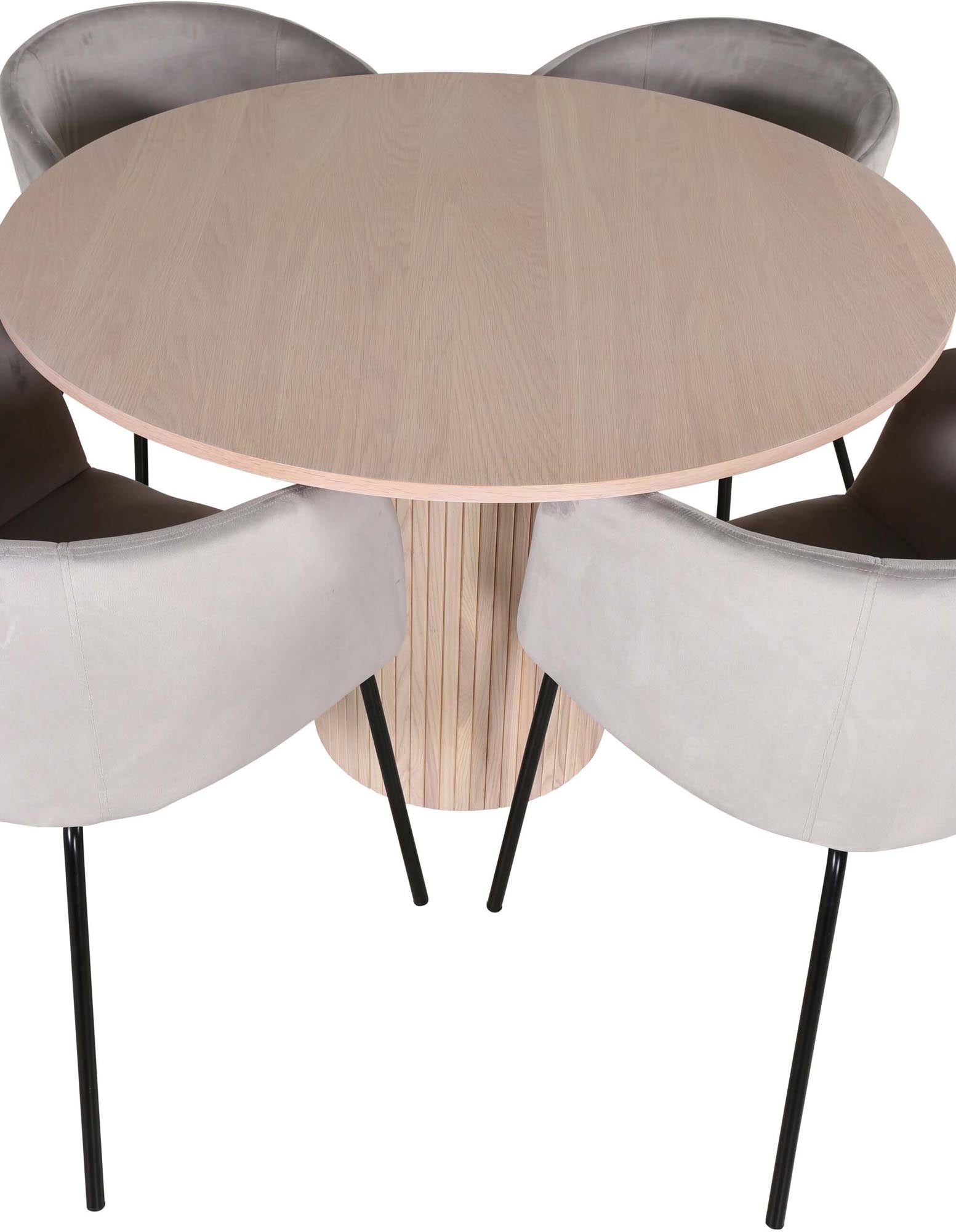 Entdecken Sie das Bianca Esszimmerset von Venture Home: Eleganter runder Tisch mit pflegeleichter MDF-Platte und 4 stilvollen Samt-Stühlen für einladende Dinner.