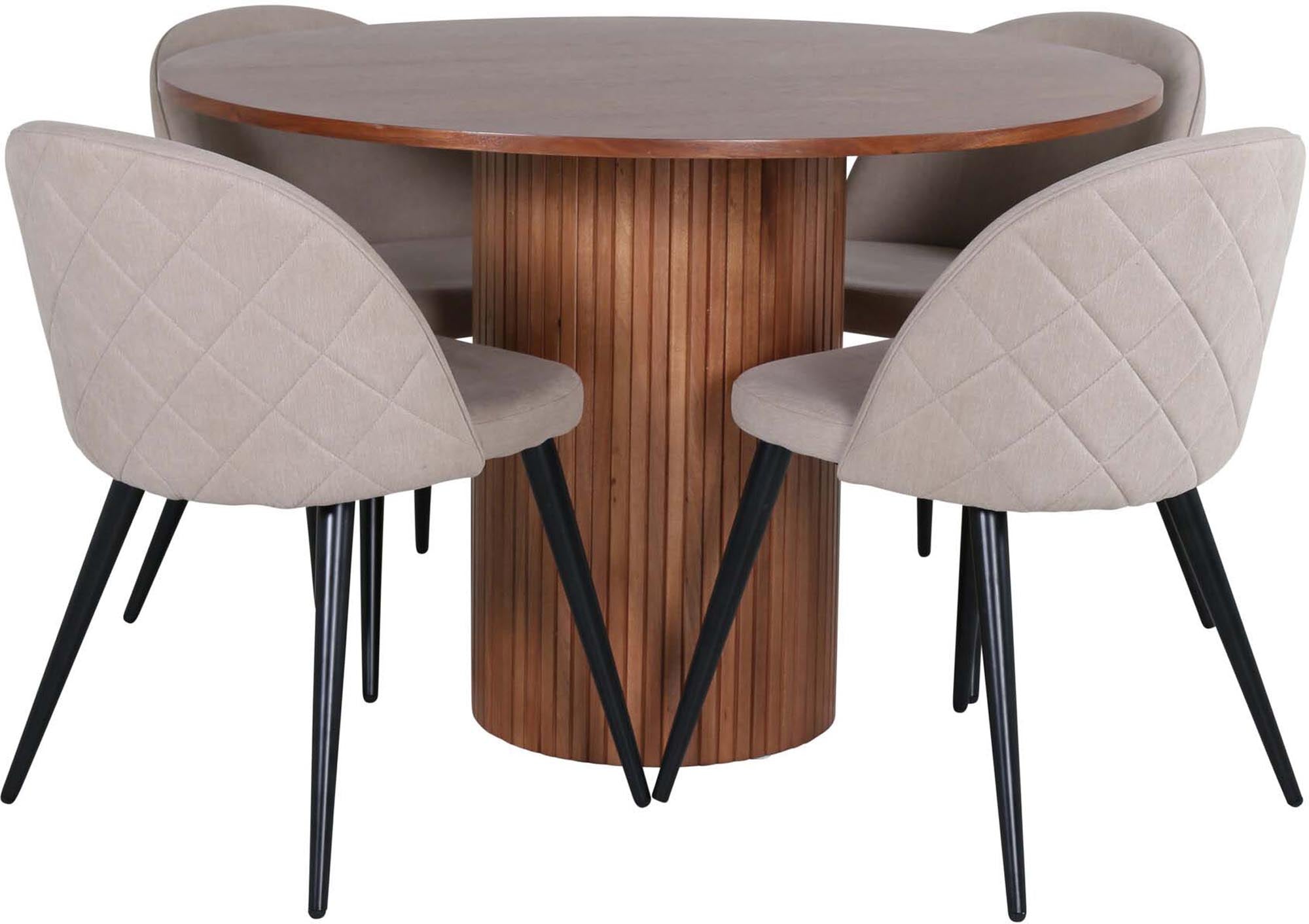 Das Bianca Esszimmerset von Venture Home bietet einen stilvollen runden Tisch und vier bequeme Stühle, ideal für gesellige Runden und zeitlose Eleganz.