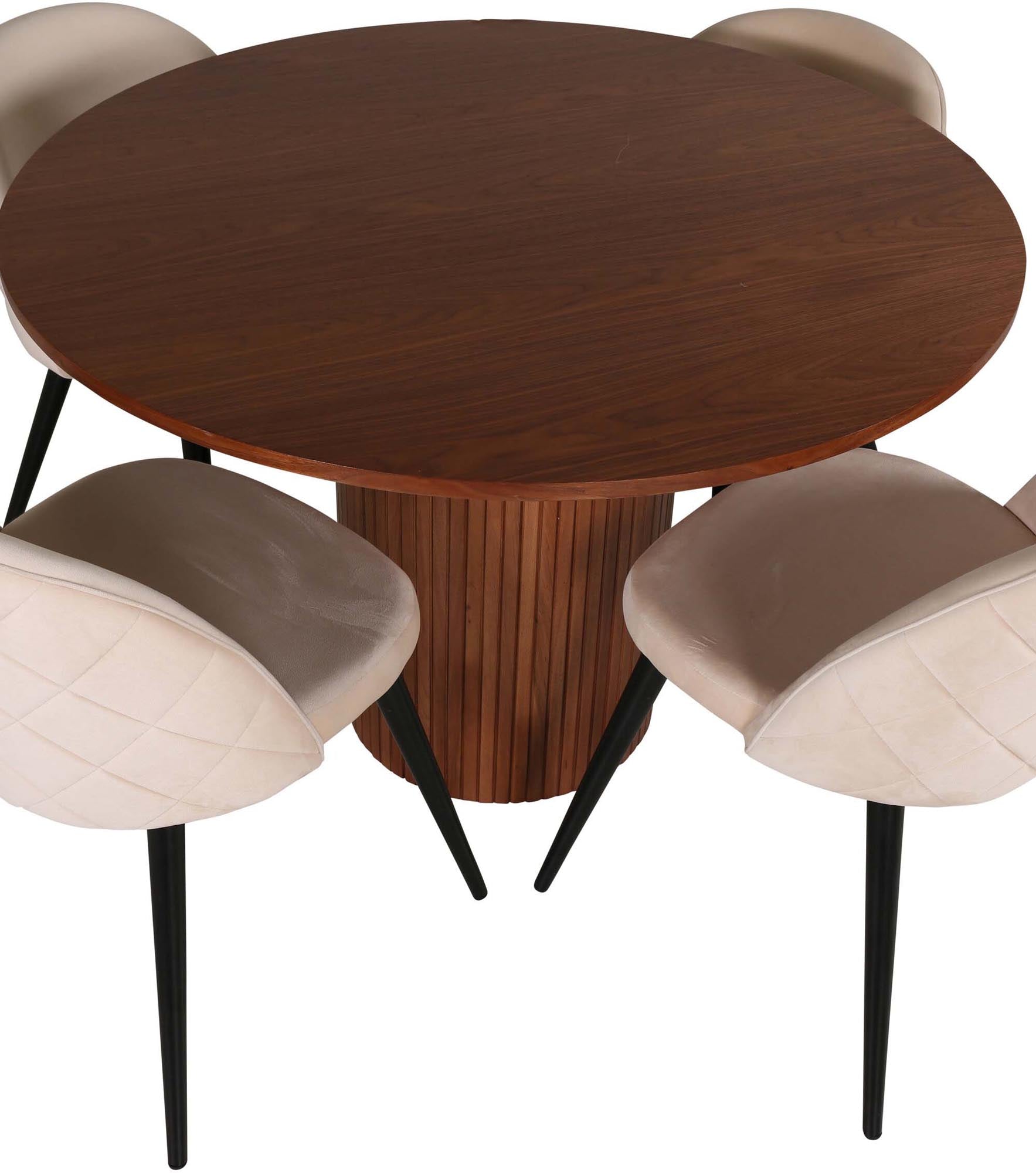 Elegantes Bianca Esszimmerset mit rundem Tisch (110cm) und 4 stilvollen Velvet-Stühlen. Ideal für gesellige Runden und zeitlose Einrichtung.