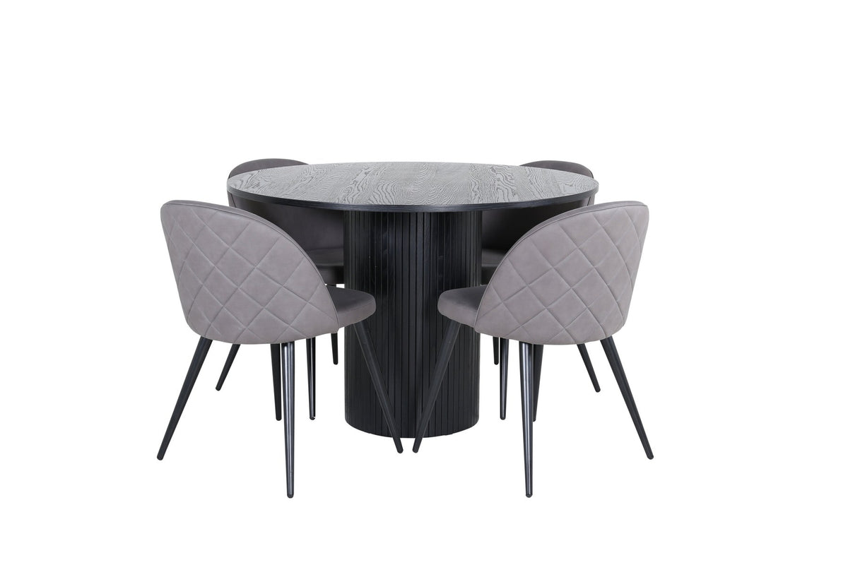 Runder schwarzer Esstisch aus MDF mit zwei grauen Esszimmerstühlen aus Mikrofaser und schwarzen Metallbeinen, Venture Home Esszimmerset.