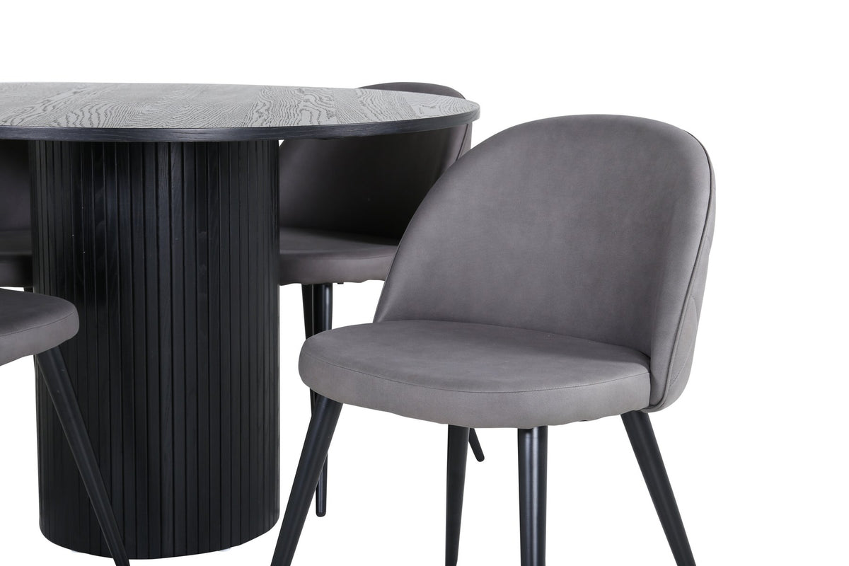 Runder schwarzer Esstisch aus MDF mit zwei grauen Esszimmerstühlen aus Mikrofaser und schwarzen Metallbeinen, Venture Home Esszimmerset.