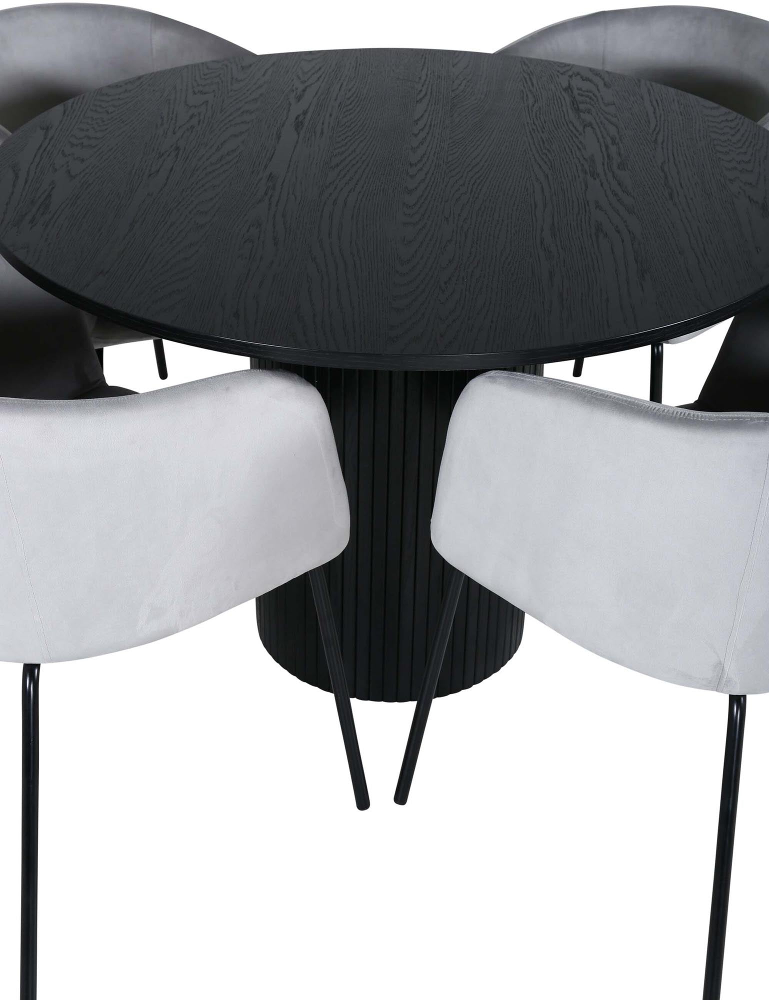 Bianca Esszimmerset + Berit: Eleganter runder Tisch mit 4 beigen Samt-Stühlen, ideal für stilvolle Dinner und gesellige Abende.