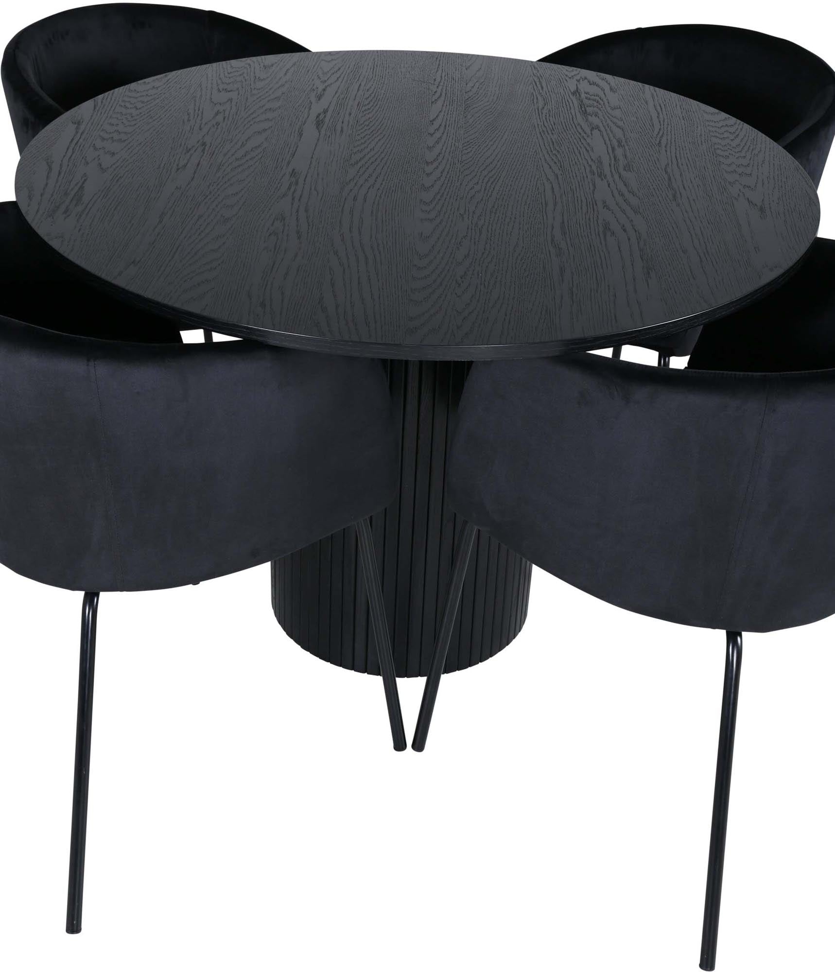 Modernes Bianca Esszimmerset mit schwarzem MDF-Tisch und 4 beigen Samtstühlen. Ideal für gesellige Abende und stilvolle Akzente in Ihrem Zuhause.