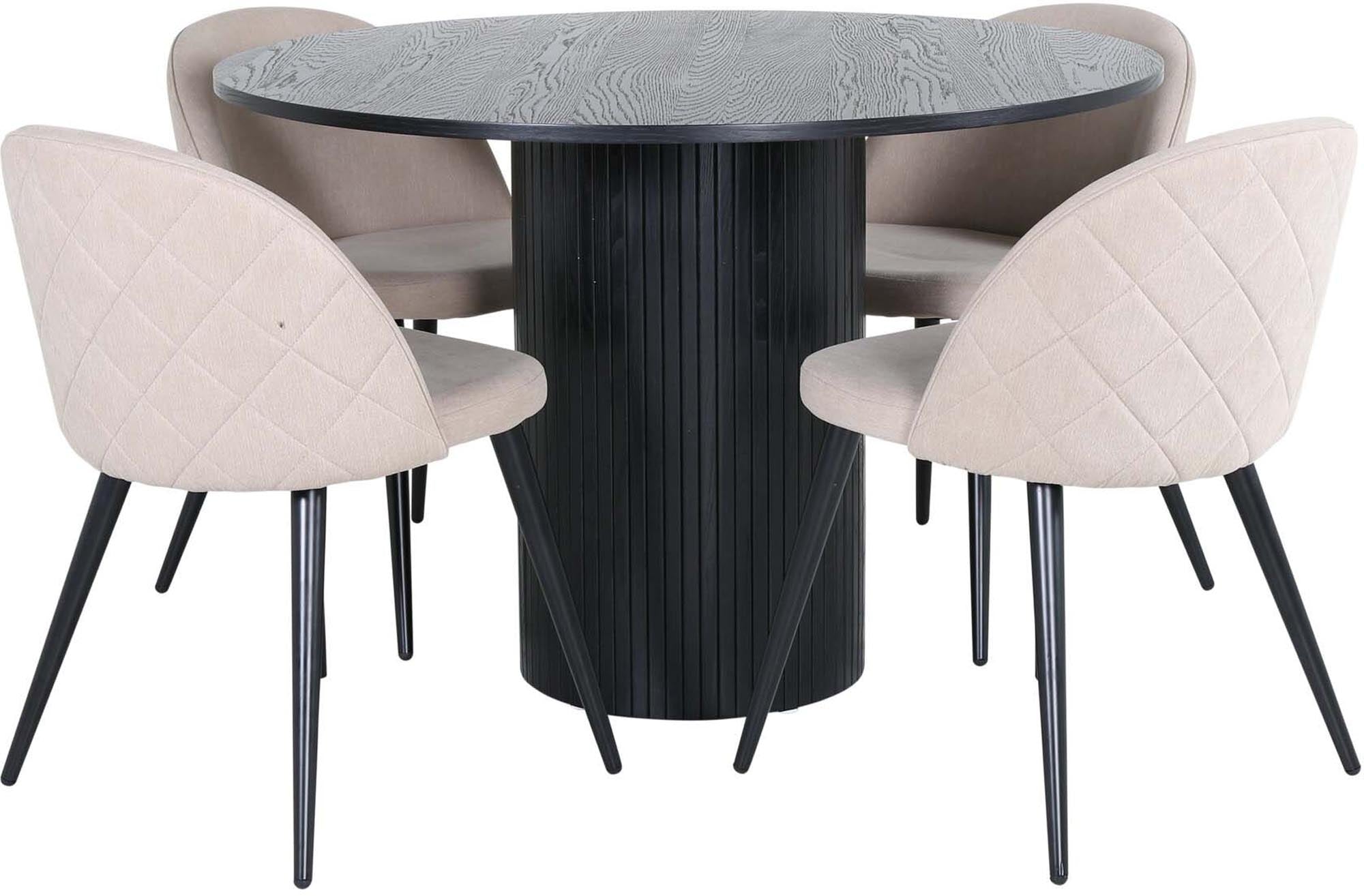 Entdecken Sie das Bianca Esszimmerset + Velvet von Venture Home: eleganter runder Esstisch ⌀110cm und bequeme Esszimmerstühle für stilvolle Momente.