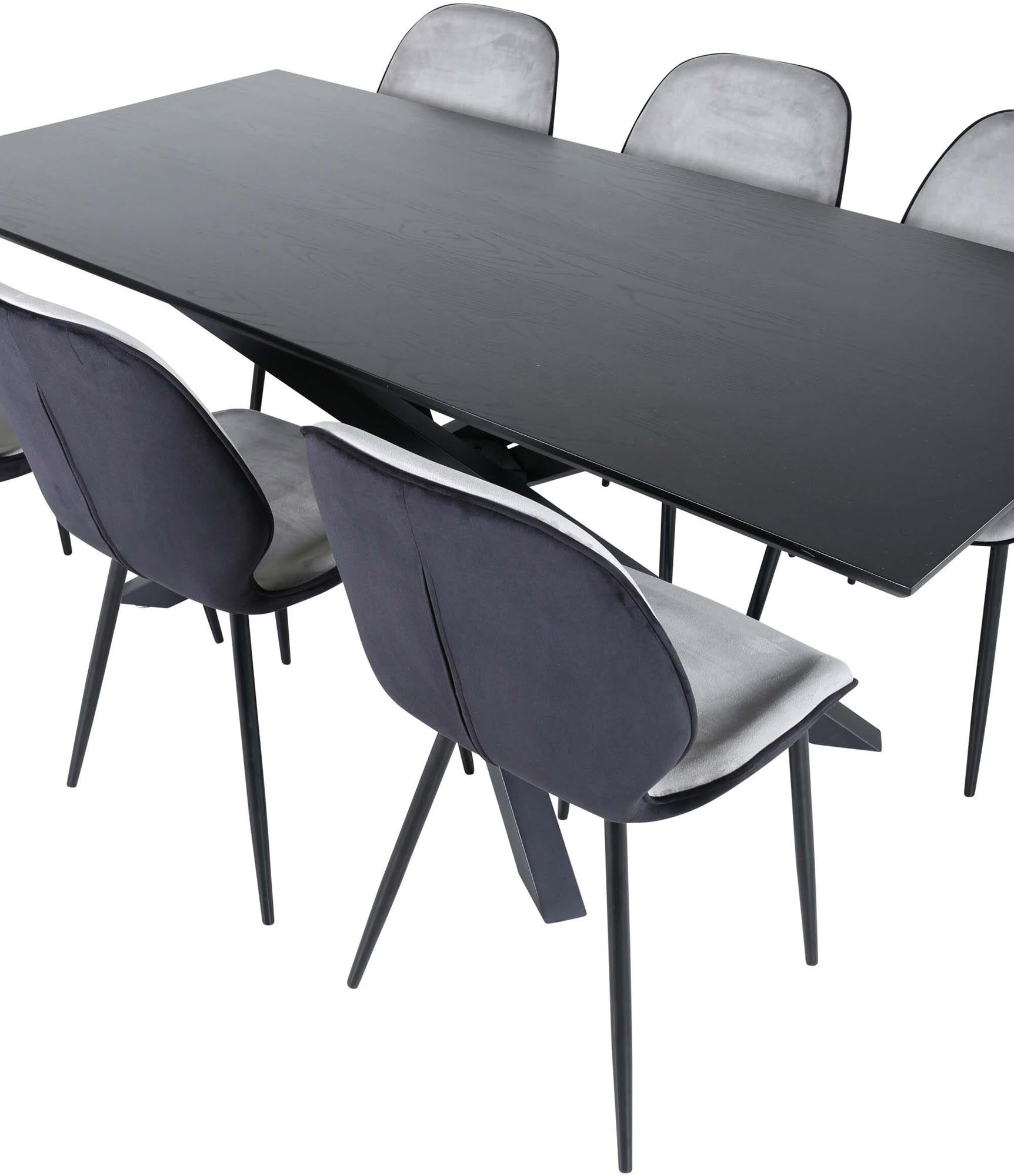 Entdecken Sie das Piazza Esszimmerset mit 6 Emma Stühlen. Elegante Samtbezüge und ein 180 cm MDF-Furniertisch vereinen Stil und Funktionalität.