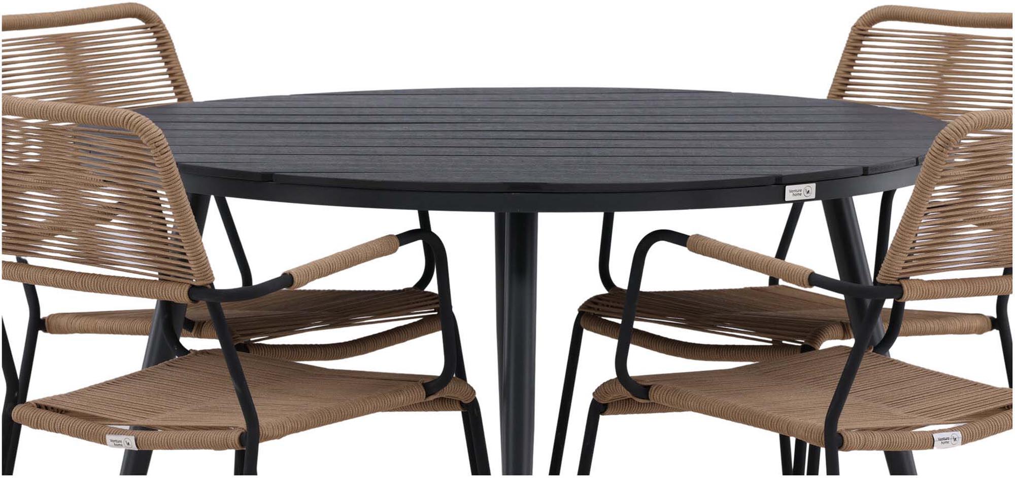 Elegantes Outdoor-Tischset für 4 Personen mit wetterbeständigem Design. Ideal für gesellige Momente im Freien.