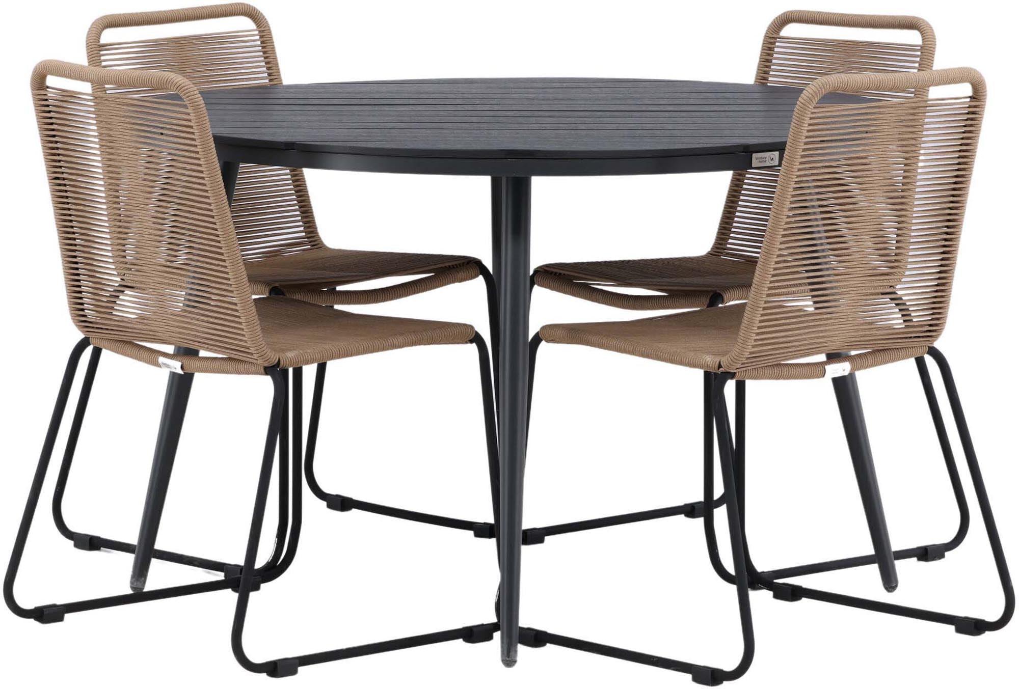 Entdecken Sie das Break Outdoor-Tischset mit elegantem Aintwood-Tisch und bequemen Lindos-Stühlen – perfekt für gesellige Momente im Freien!