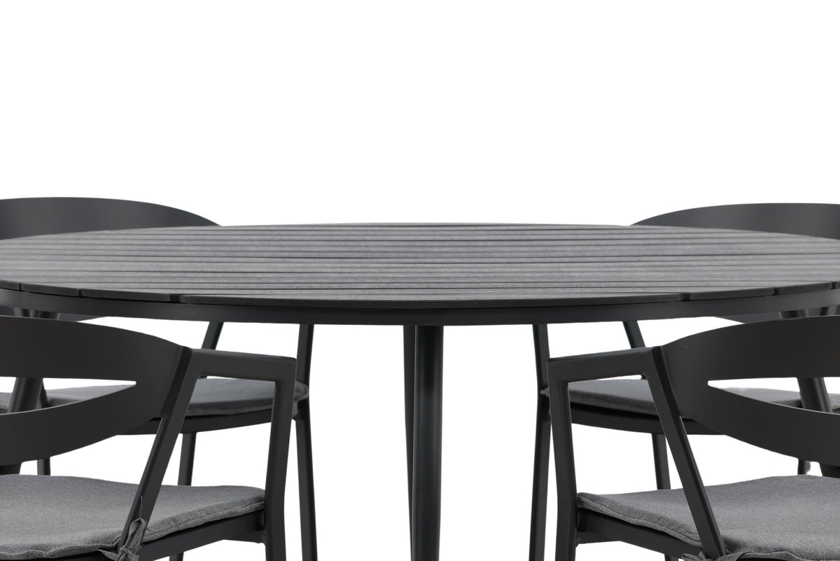 Runder schwarzer Gartentisch aus Aintwood mit Aluminiumgestell und dazugehöriger Esszimmerstuhl mit gepolstertem Sitzkissen, Venture Home.