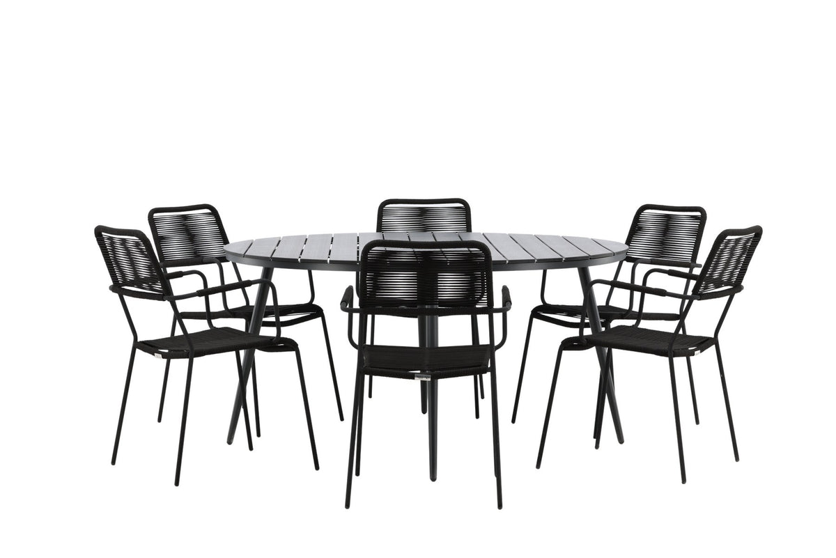 Rundes Gartentischset aus Aintwood und Aluminium in Schwarz mit zwei Stühlen mit Seilbespannung und Armlehnen, Serie Break & Lindos.