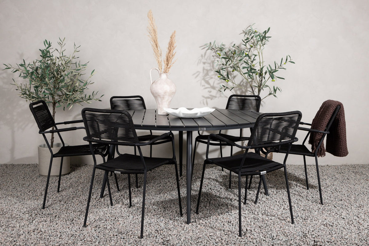 Rundes Gartentischset aus Aintwood und Aluminium in Schwarz mit zwei Stühlen mit Seilbespannung und Armlehnen, Serie Break & Lindos.