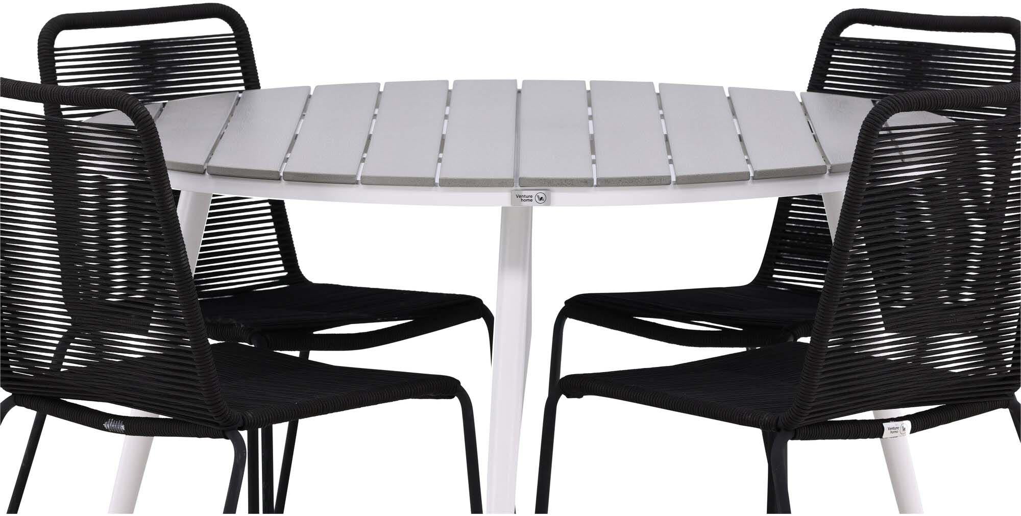 Entdecken Sie das Break Outdoor-Tischset von Venture Home: Moderner runder Tisch mit grauer Aintwood-Platte und stilvollen Lindos-Stühlen für entspannte Stunden im Freien.