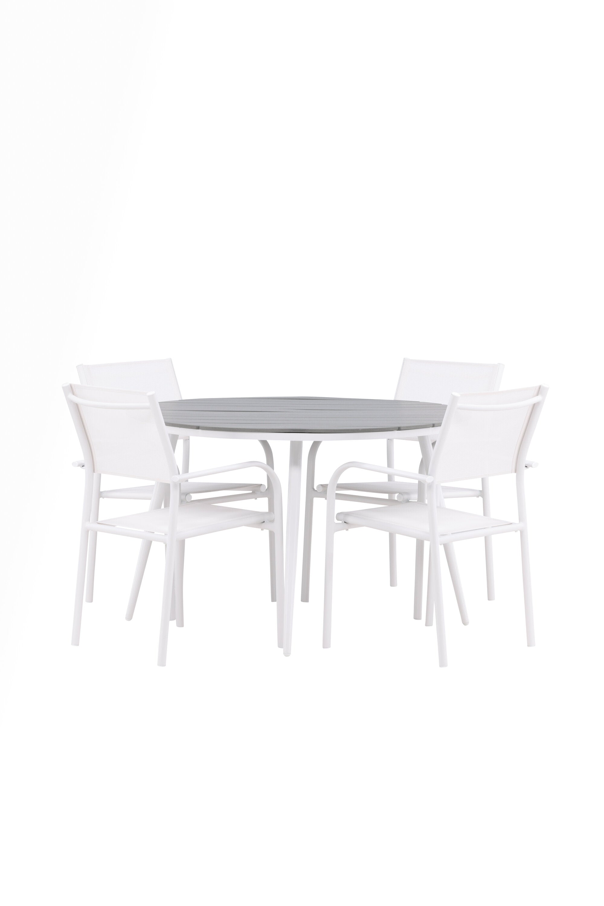 Break Gartentisch Round + 4 x Santorini Arm Stuhl (stapelbar) in Grau Weiss präsentiert im Onlineshop von KAQTU Design AG. Gartentischset ist von Venture Home