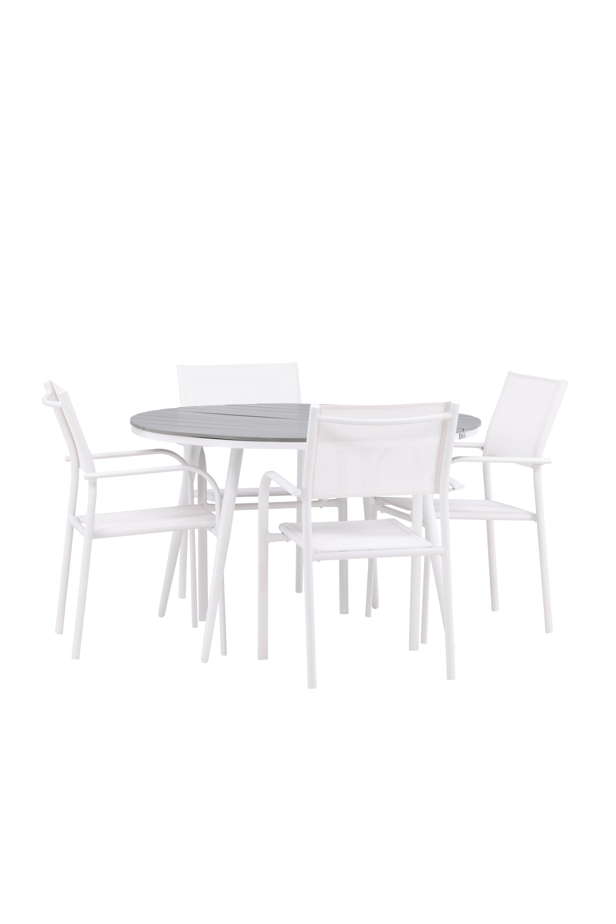 Break Gartentisch Round + 4 x Santorini Arm Stuhl (stapelbar) in Grau Weiss präsentiert im Onlineshop von KAQTU Design AG. Gartentischset ist von Venture Home