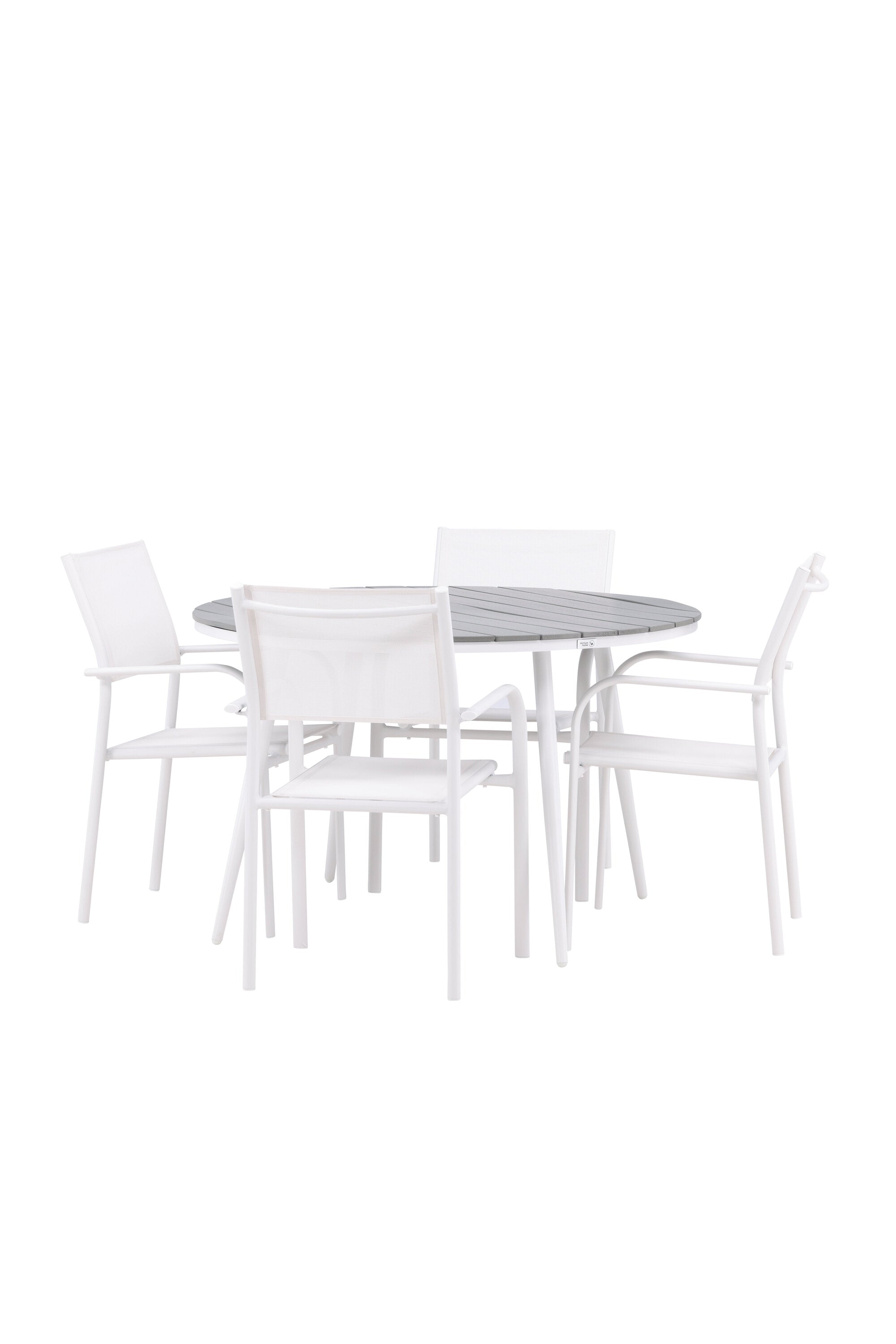Break Gartentisch Round + 4 x Santorini Arm Stuhl (stapelbar) in Grau Weiss präsentiert im Onlineshop von KAQTU Design AG. Gartentischset ist von Venture Home