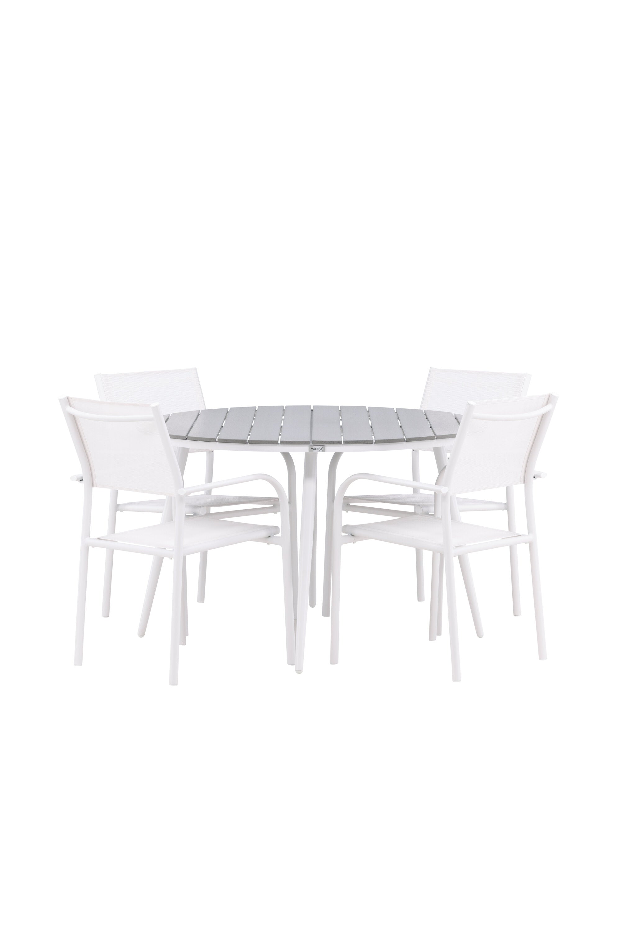 Der Break Gartentisch Round mit 4 stapelbaren Santorini Armstühlen bietet stilvolles Design mit grauer Aintwood-Tischplatte und weissem Aluminiumgestell.