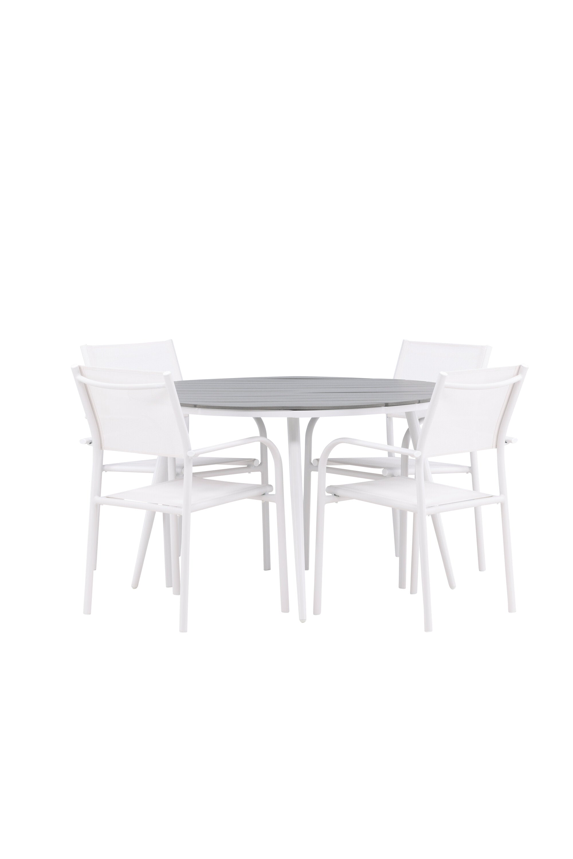 Break Gartentisch Round + 4 x Santorini Arm Stuhl (stapelbar) in Grau Weiss präsentiert im Onlineshop von KAQTU Design AG. Gartentischset ist von Venture Home