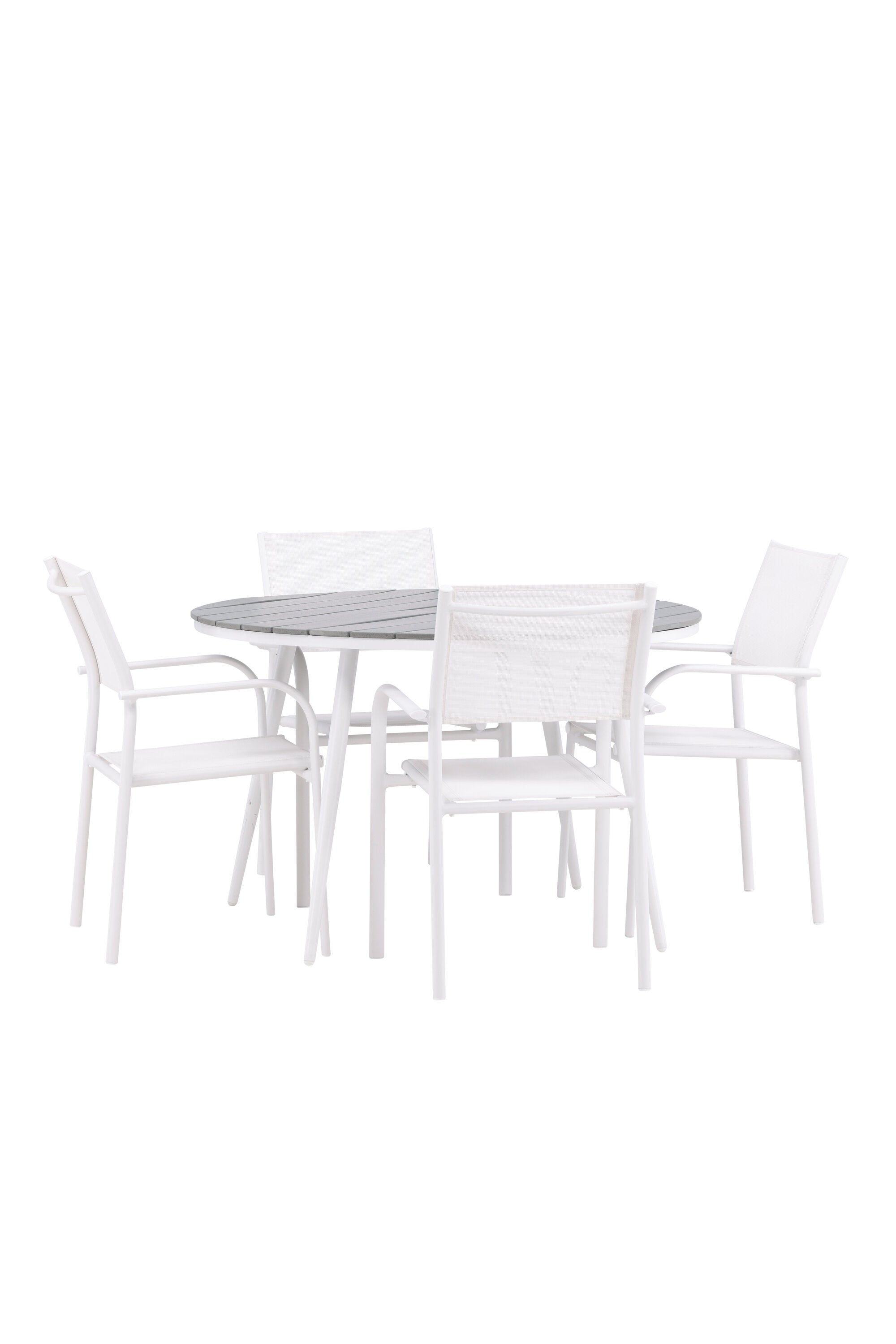 Break Gartentisch Round + 4 x Santorini Arm Stuhl (stapelbar) in Grau Weiss präsentiert im Onlineshop von KAQTU Design AG. Gartentischset ist von Venture Home
