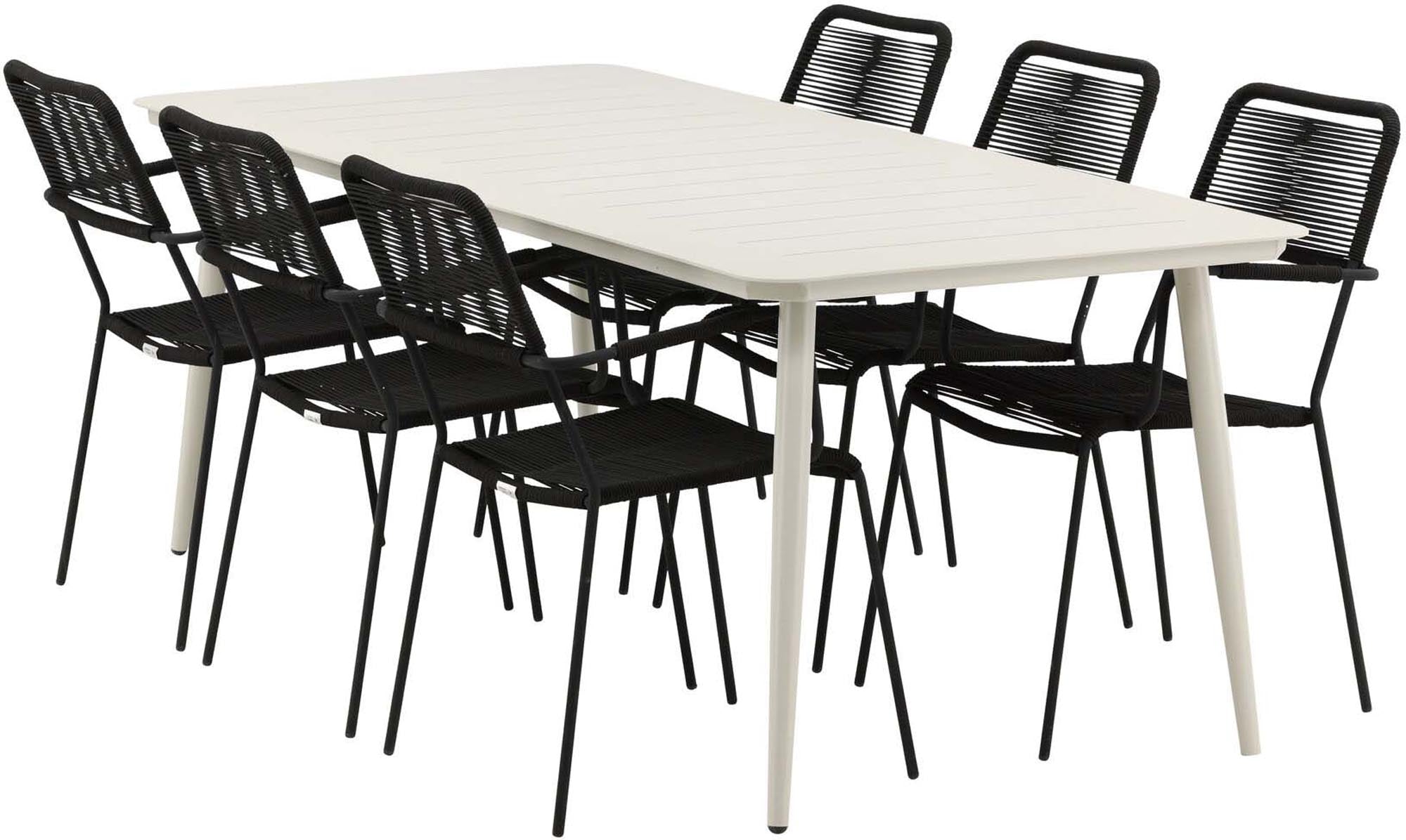 Stilvolles Lina Outdoor-Tischset mit 6 bequemen Lindos Armchairs. Perfekt für gesellige Abende im Freien und entspannte Mahlzeiten.