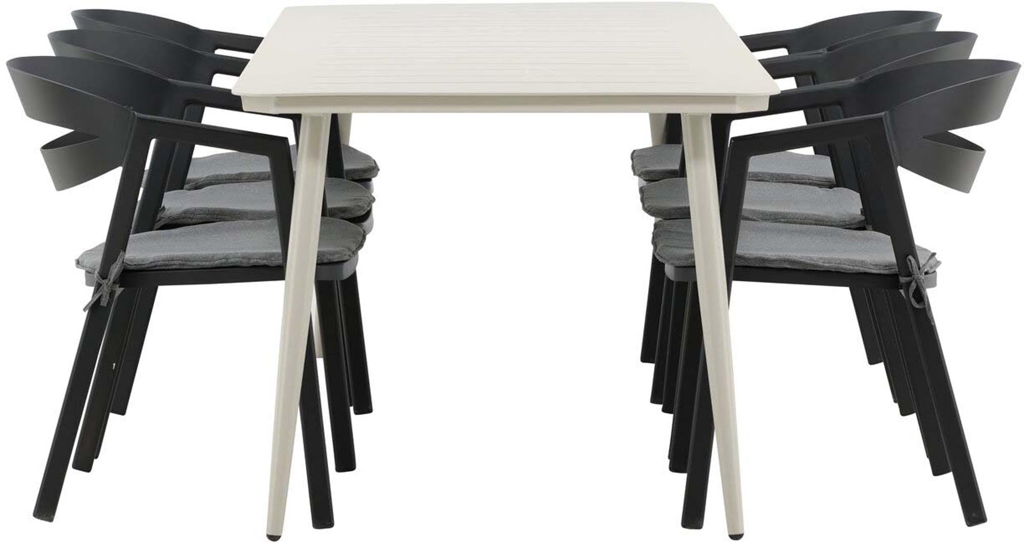 Stilvolles Lina Outdoor-Tischset von Venture Home: 200cm Aluminiumtisch, 6 Stühle mit Kissen, ideal für Garten und Terrasse.