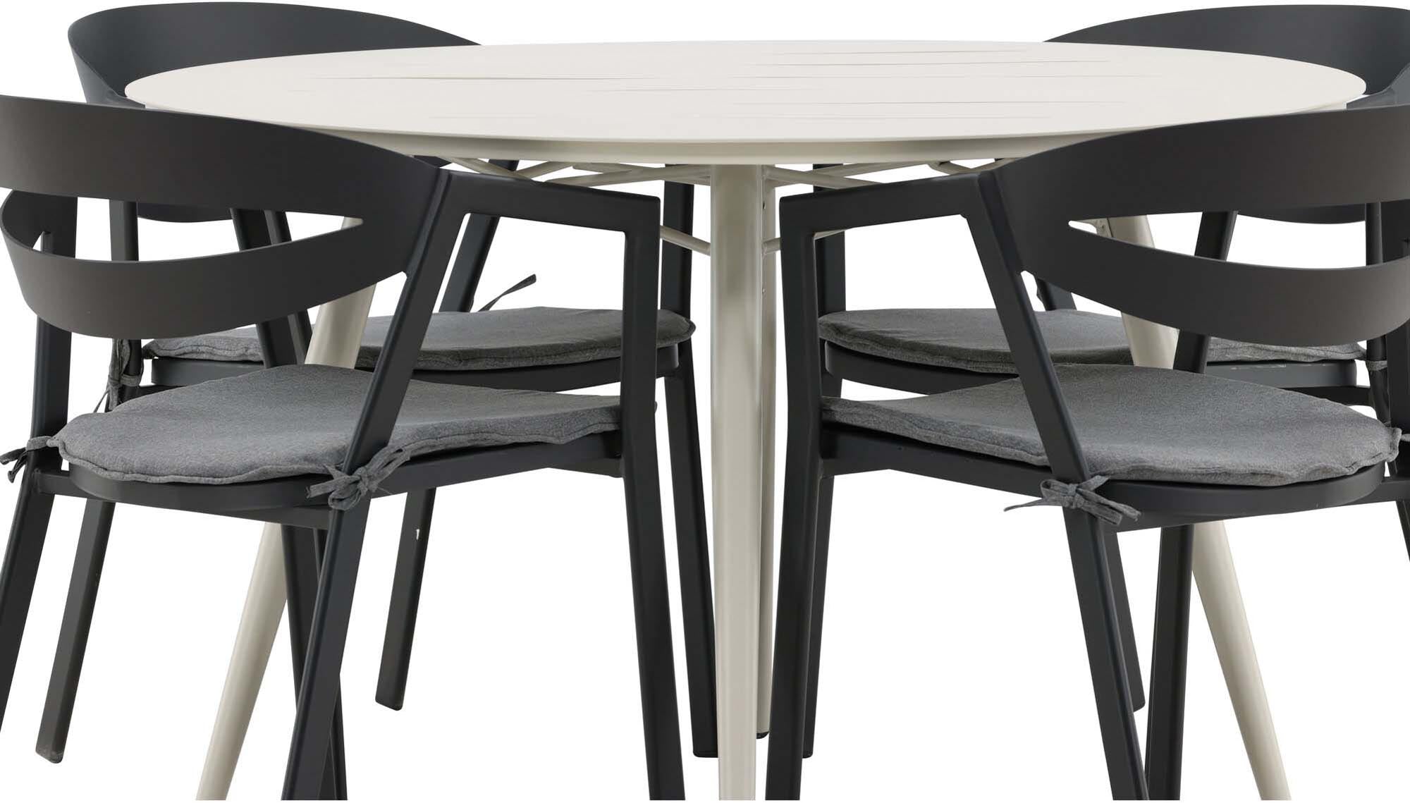 Lina Outdoor-Tischset von Venture Home: Moderner, runder Tisch für 4 Personen, wetterfestes Aluminium, ideal für gesellige Abende im Freien.