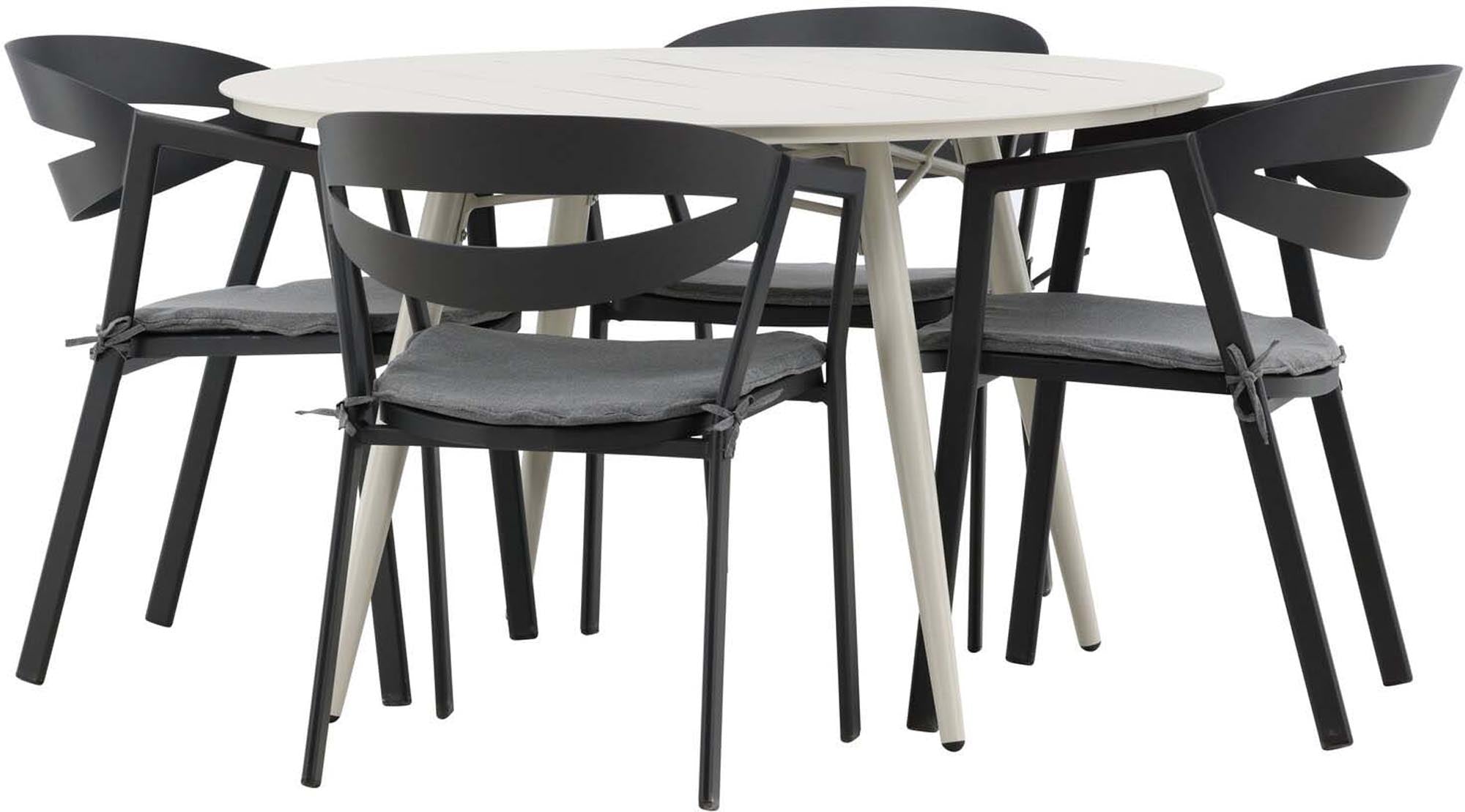 Lina Outdoor-Tischset von Venture Home: Stilvolles Gartenset mit 120 cm Durchmesser, robustem Aluminium und bequemen Stühlen für unvergessliche Momente im Freien.